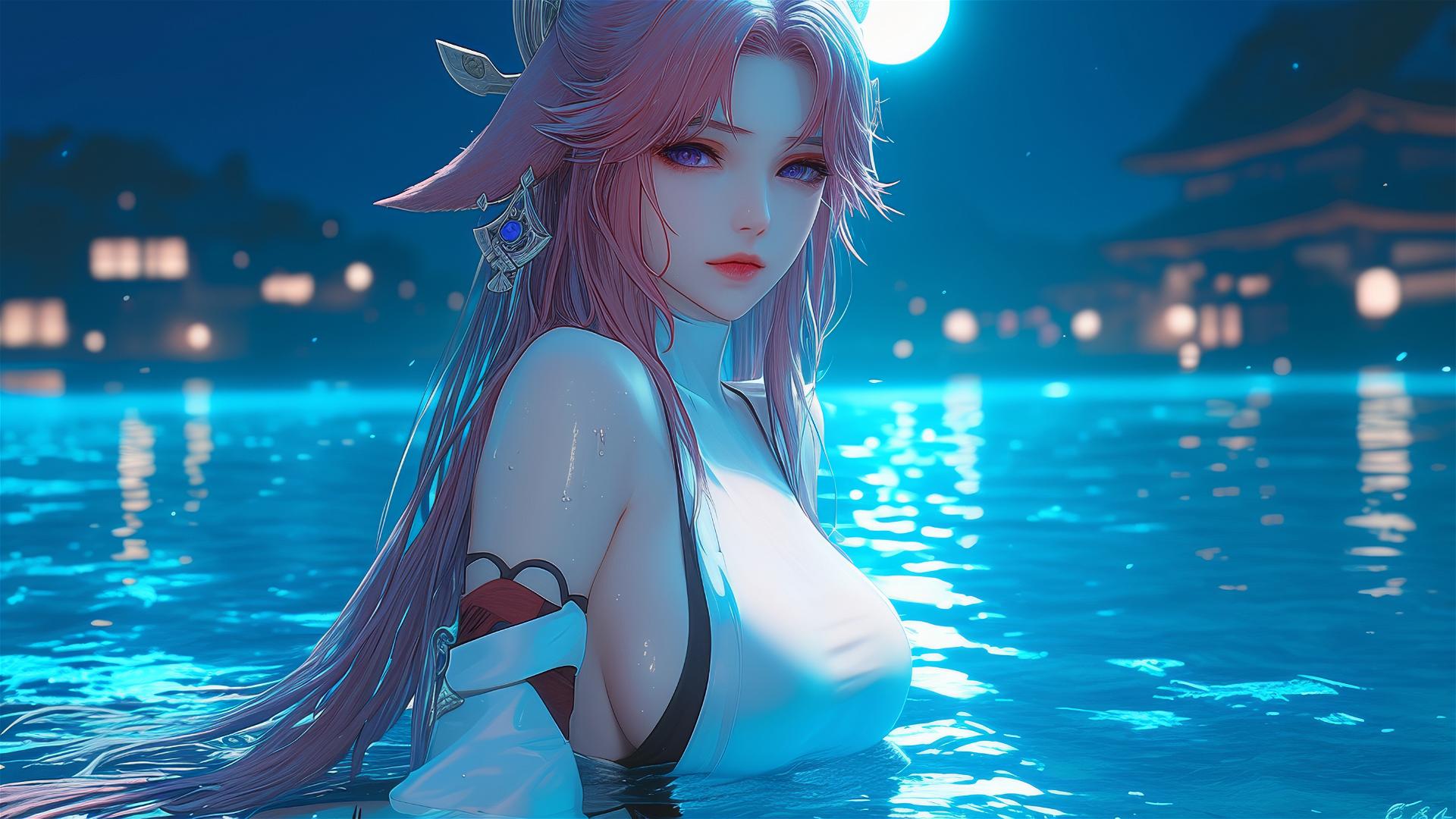 Yae Miko resting by the swimming pool under moonlight.