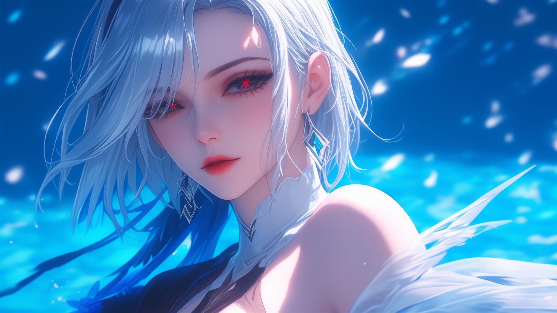 Arlecchino from Genshin Impact with white hair, black streaks, and red 'x'-shaped pupils resting by a pool at night.