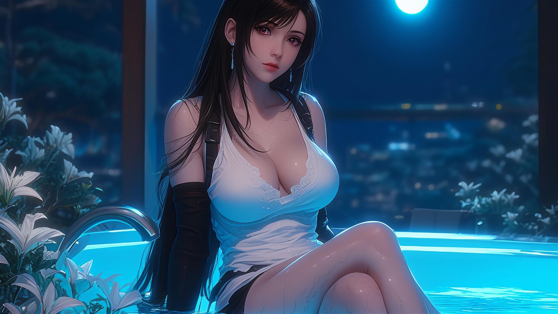 Tifa Lockhart rests in a bathtub, illuminated by moonlight