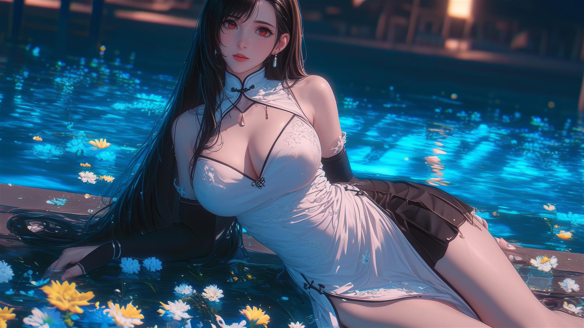 Tifa Lockhart in a tub full of flowers at a Chinese spa