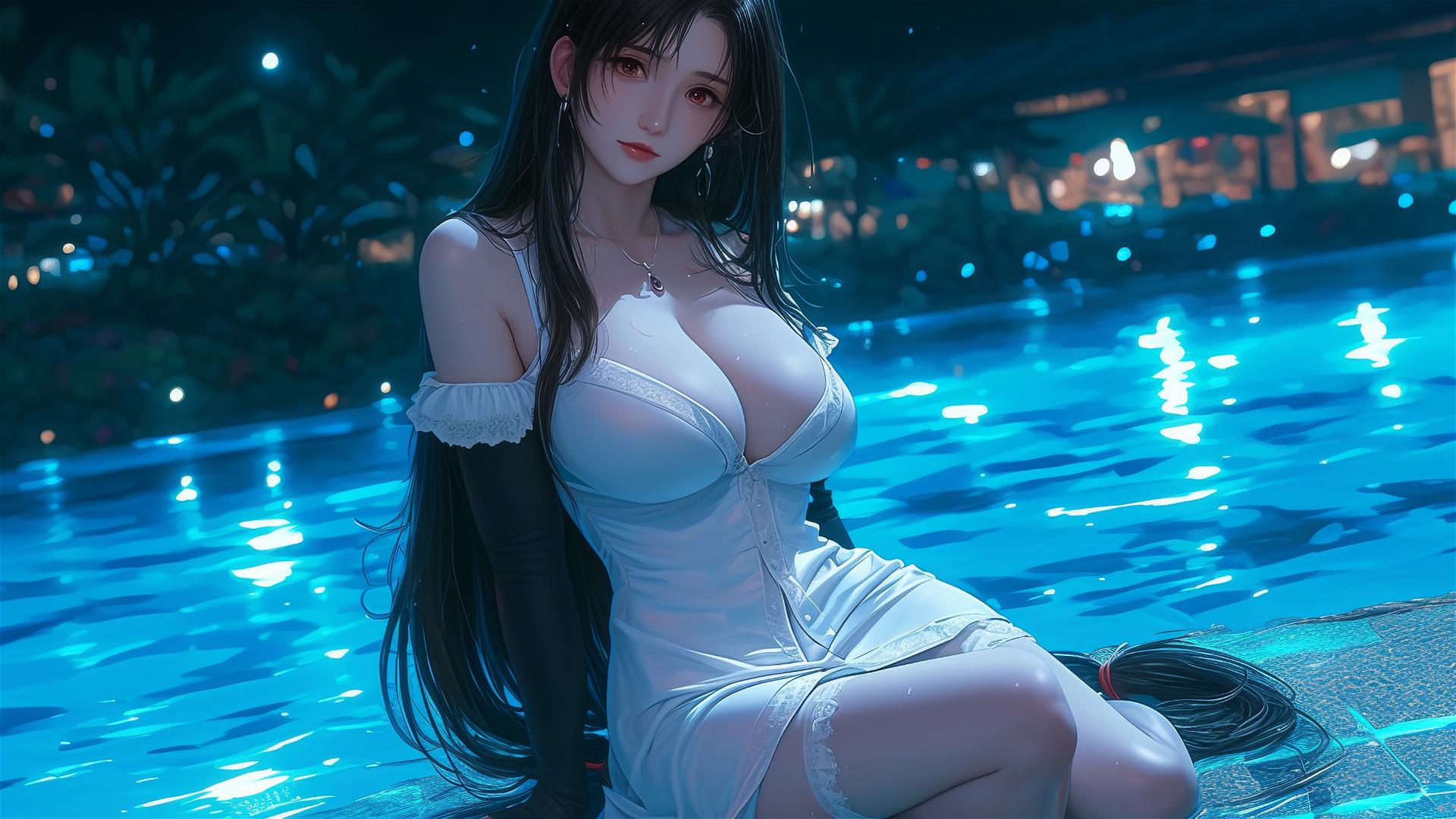 Tifa Lockhart in white silk pajamas by a pool under moonlight