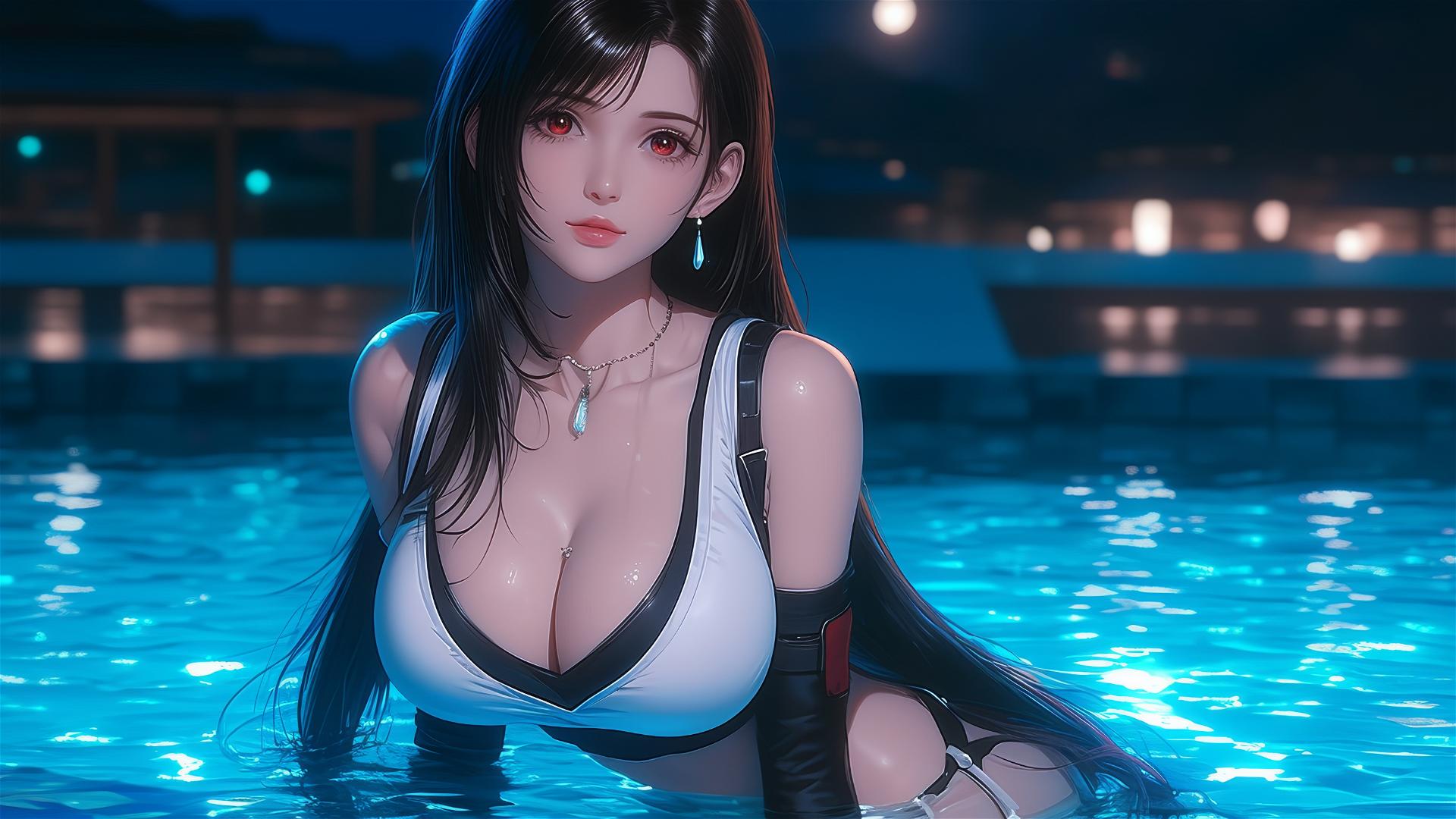 Tifa Lockhart resting by a swimming pool under moonlight