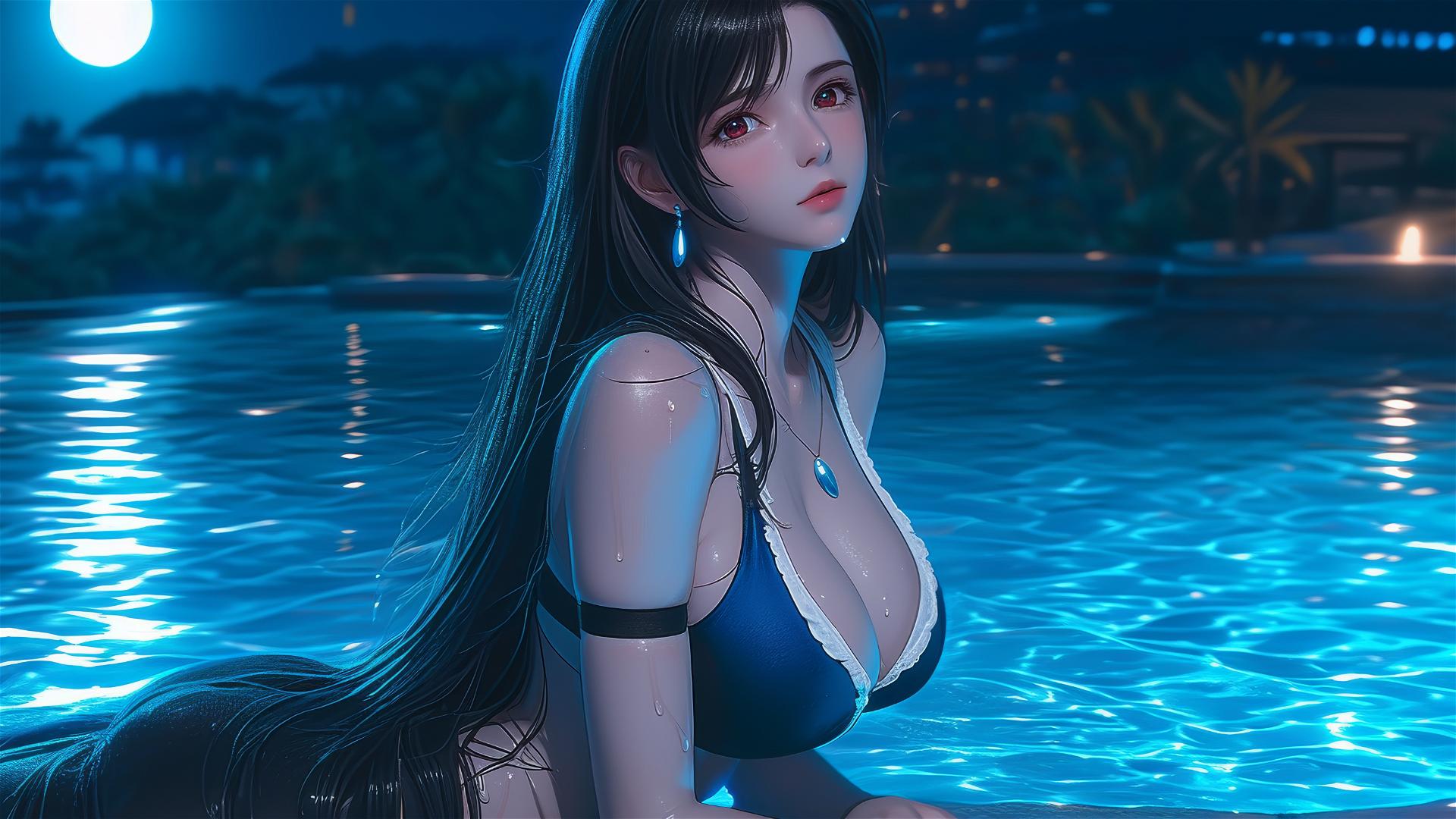 Tifa Lockhart resting by a swimming pool under moonlight