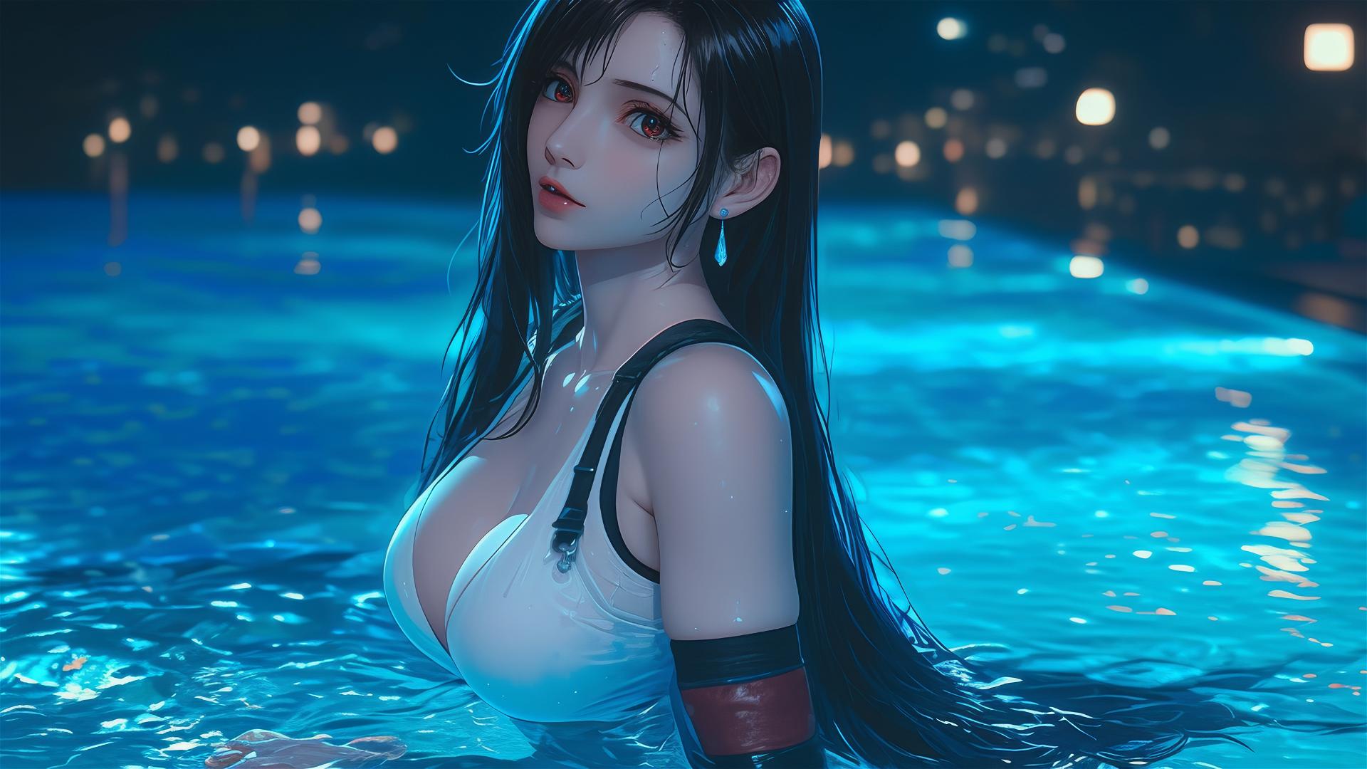Tifa Lockhart resting at a swimming pool under moonlight