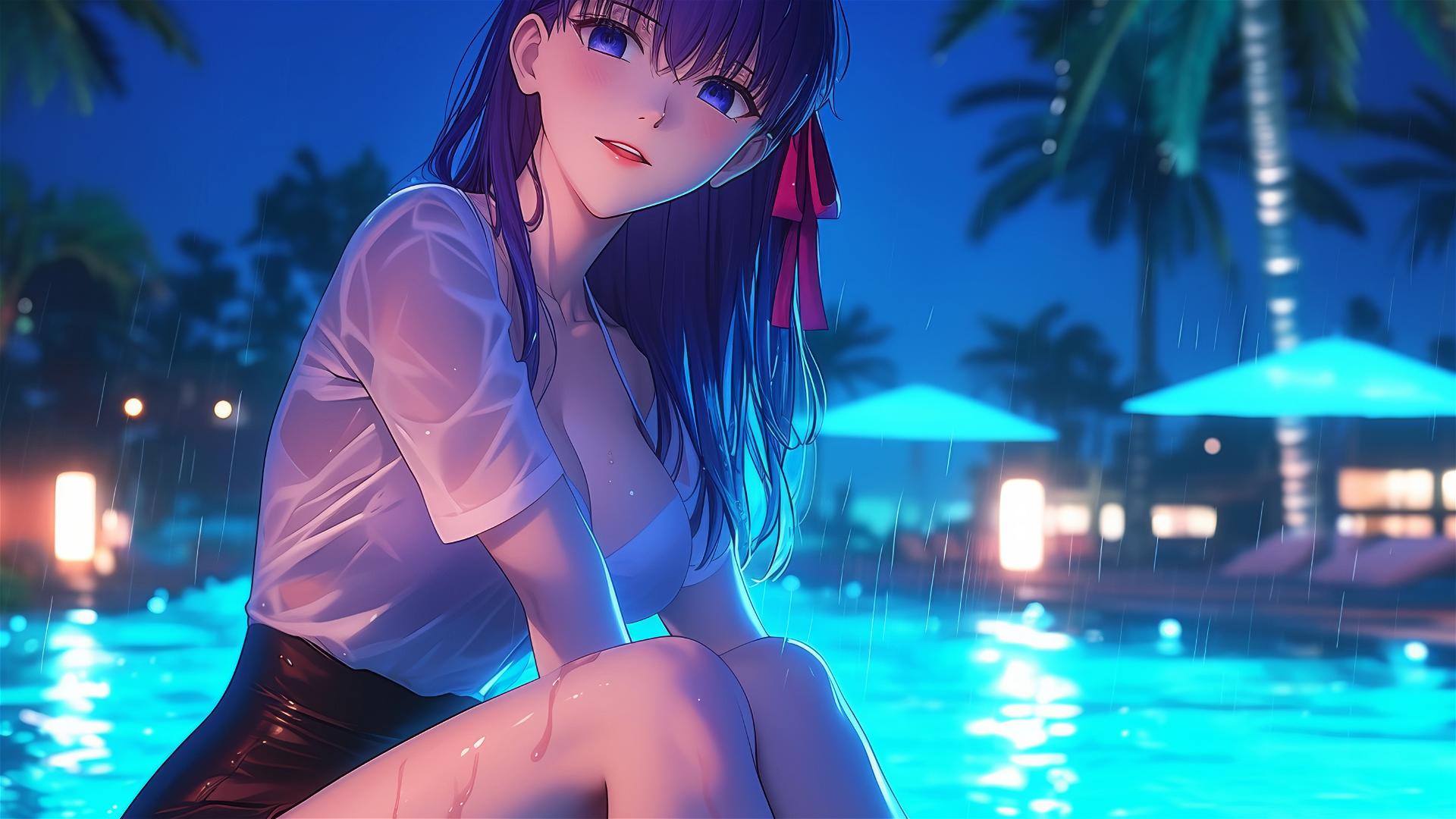 Sakura Matou from Fate/stay night resting by a rainy pool, moonlight glow, violet hair, ribbon