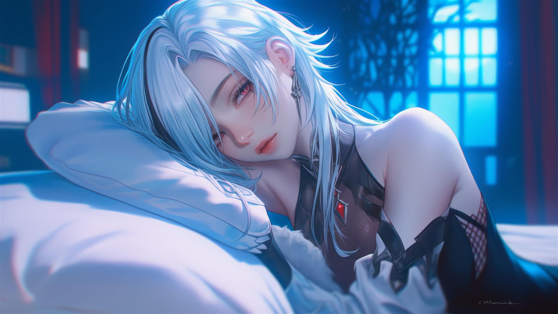 Arlecchino from Genshin Impact with snow white hair and black streaks, red 'x'-shaped pupils, resting in a moonlit modern hotel room