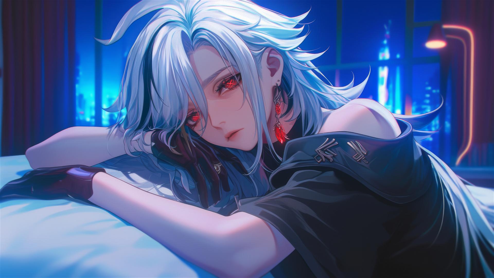 Arlecchino with snow white hair and black streaks, resting in a modern hotel with moonlight glow