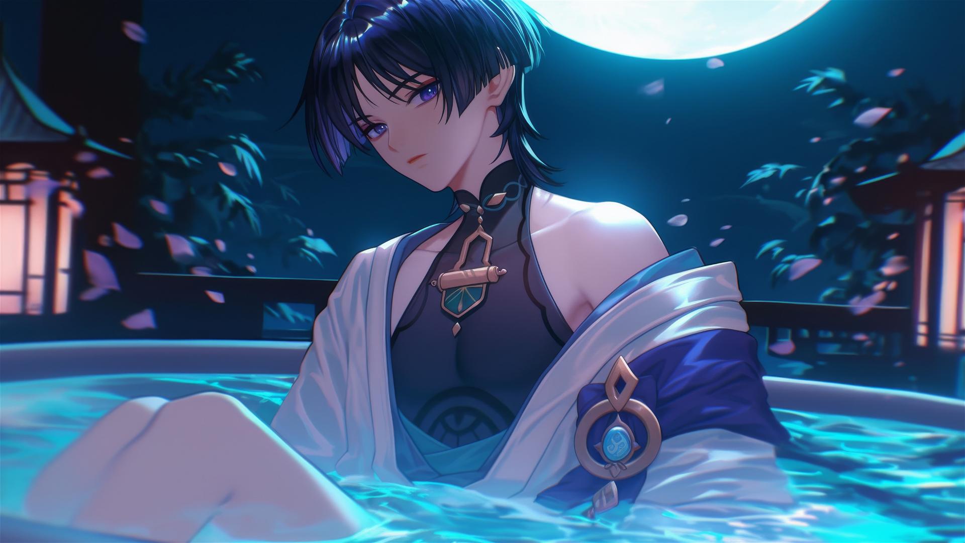 Scaramouche from Genshin Impact in a tub with moonlit indigo hair and eyes