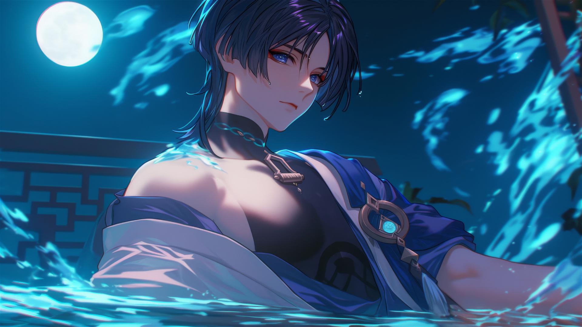 Scaramouche from Genshin Impact with short indigo hair resting in a tub under moonlight.