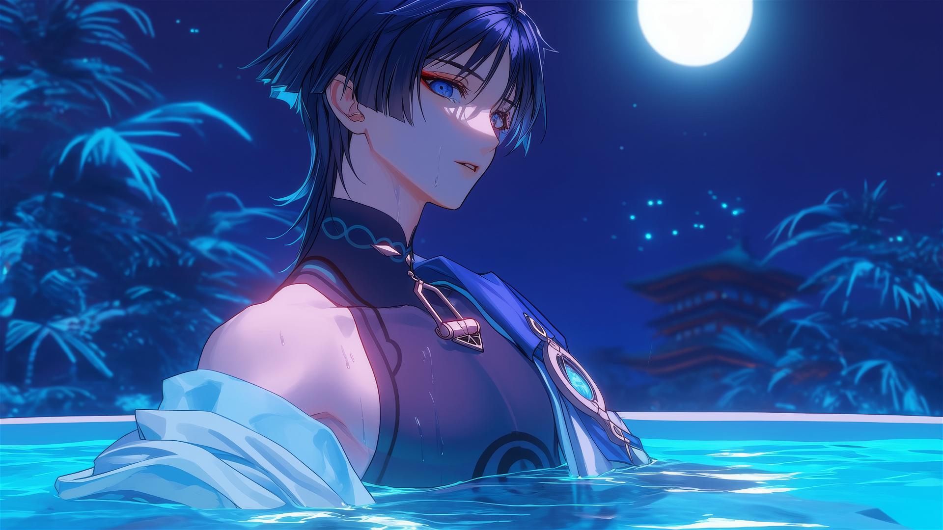Scaramouche from Genshin Impact resting in a tub, moonlight casting glow.
