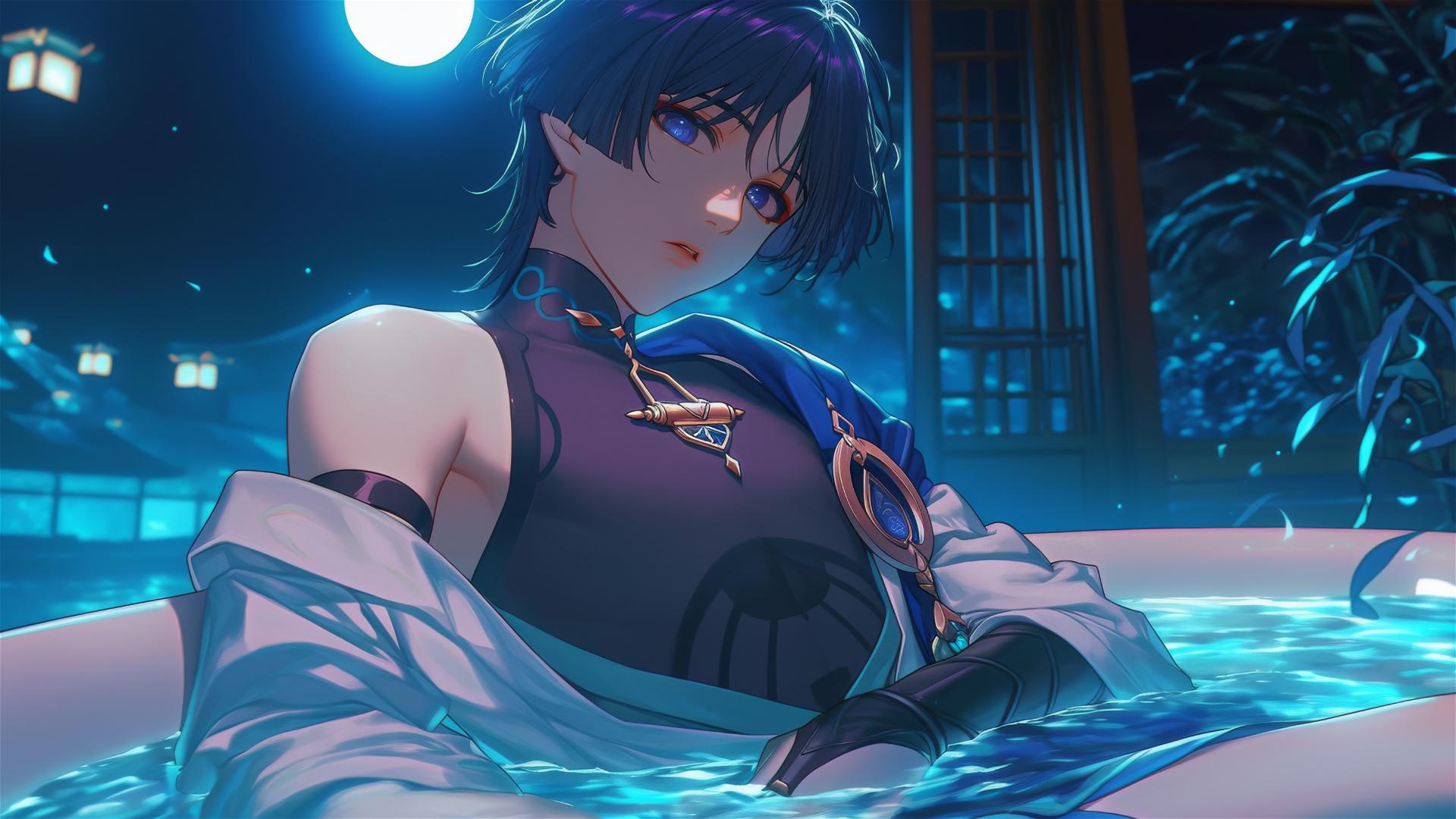 Scaramouche from Genshin Impact, slender with indigo hair, in bathtub with moonlight
