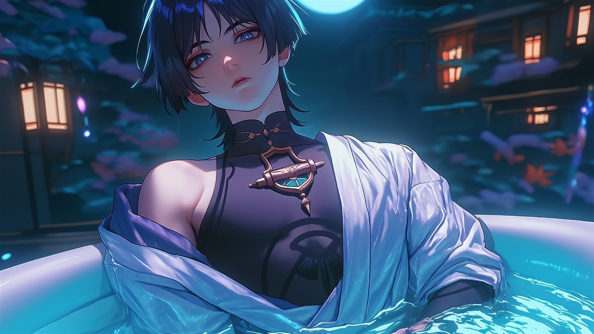 Scaramouche from Genshin Impact in a tub, lit by moonlight