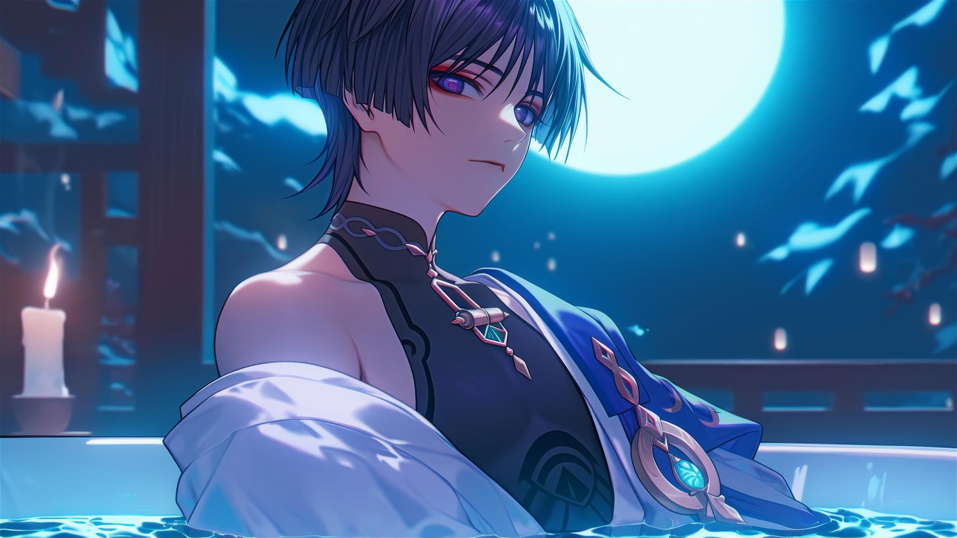 Scaramouche from Genshin Impact resting in a tub, moonlight on slim muscular figure.