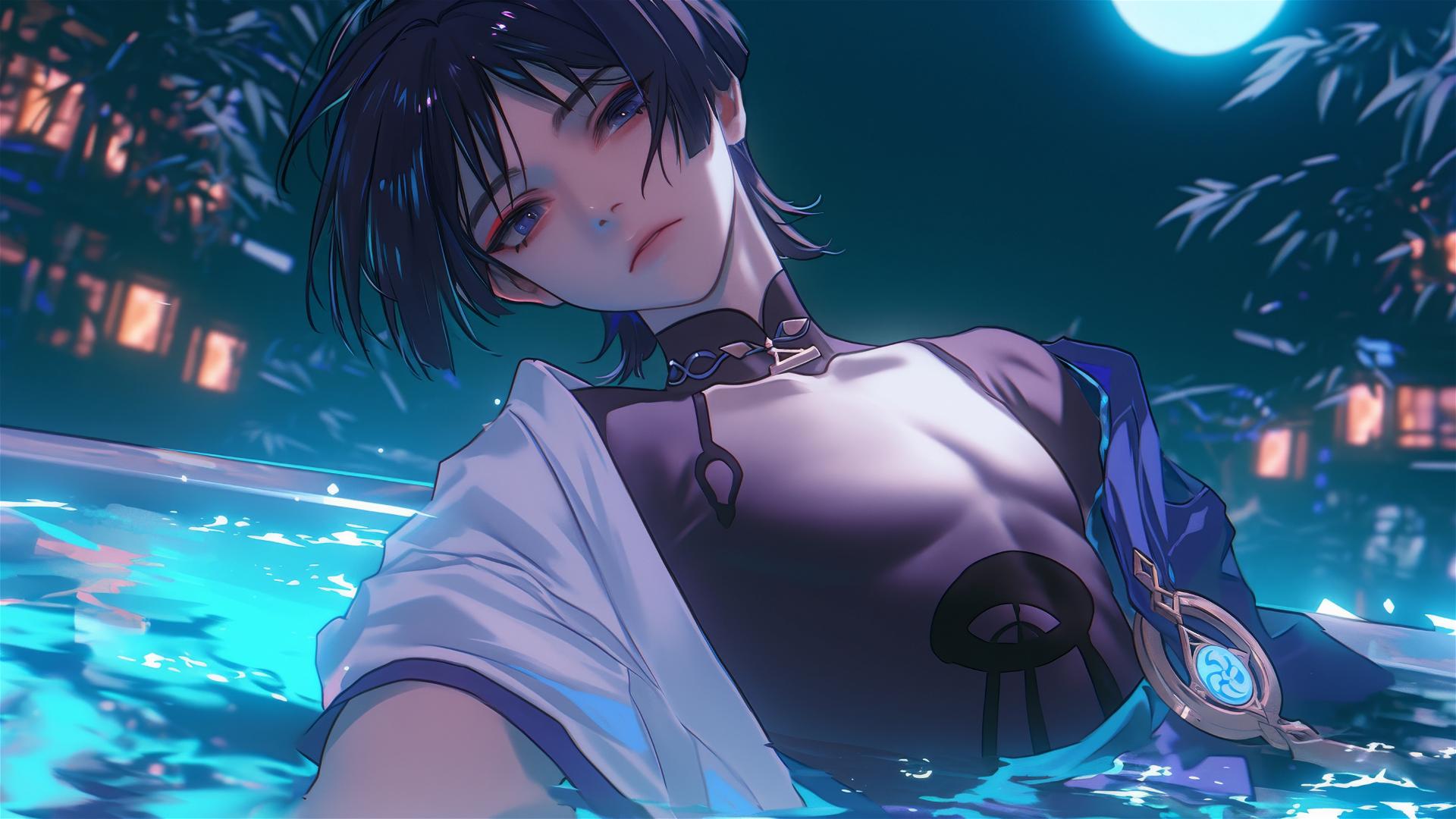 Scaramouche from Genshin Impact with short indigo hair and bold eyeliner, resting in a tub under moonlight.