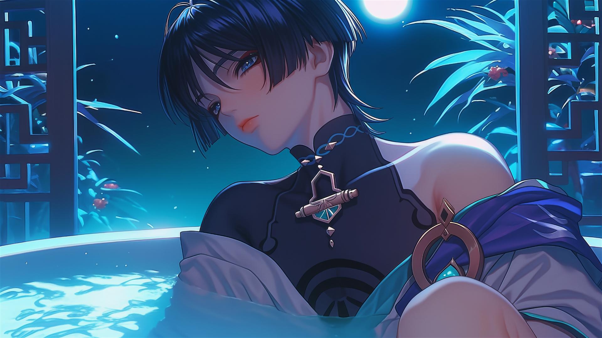 Scaramouche from Genshin Impact with short indigo hair, relaxing in a tub under moonlight.