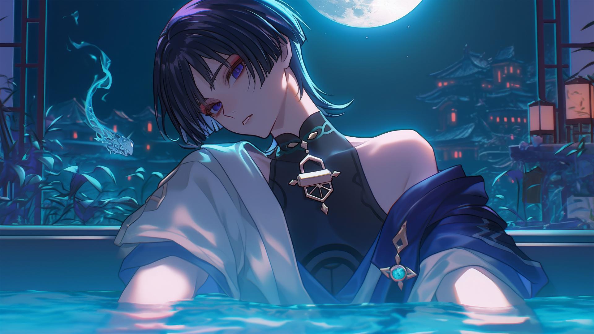 Scaramouche from Genshin Impact resting in a moonlit tub