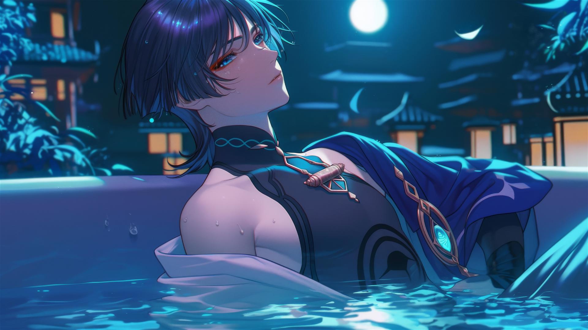 Scaramouche from Genshin Impact resting in a moonlit tub