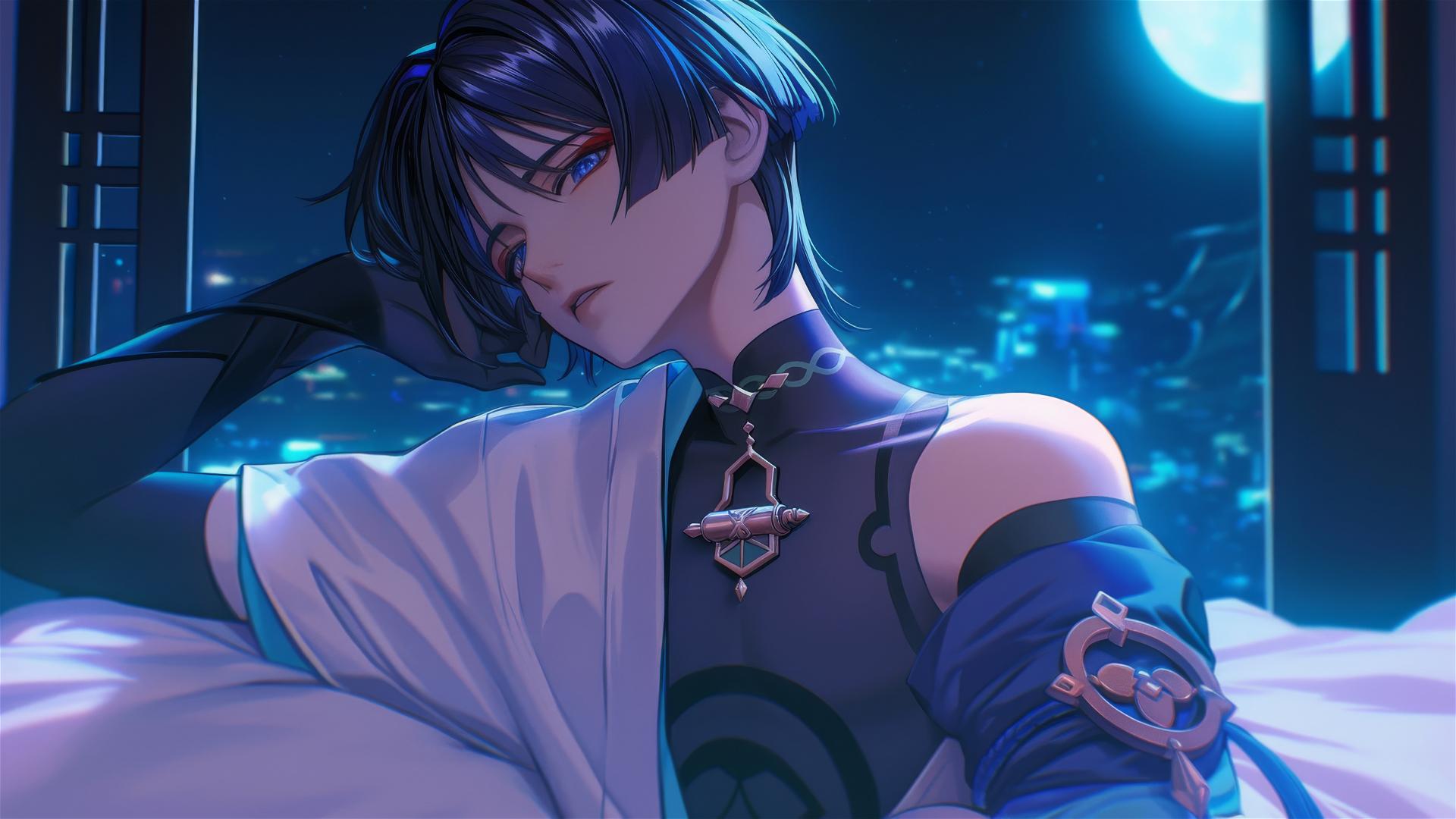 Scaramouche with slender figure, short indigo hair, bold eyeliner, resting in warm light