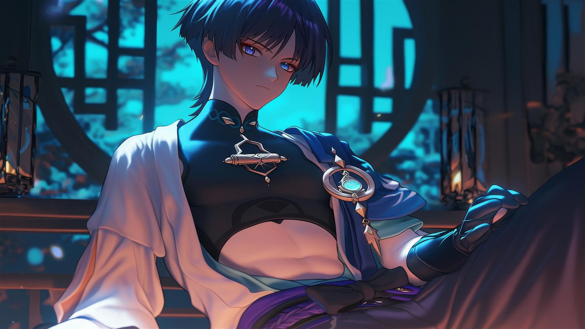 Scaramouche from Genshin Impact with short indigo hair and bold eyeliner, resting in warm light.