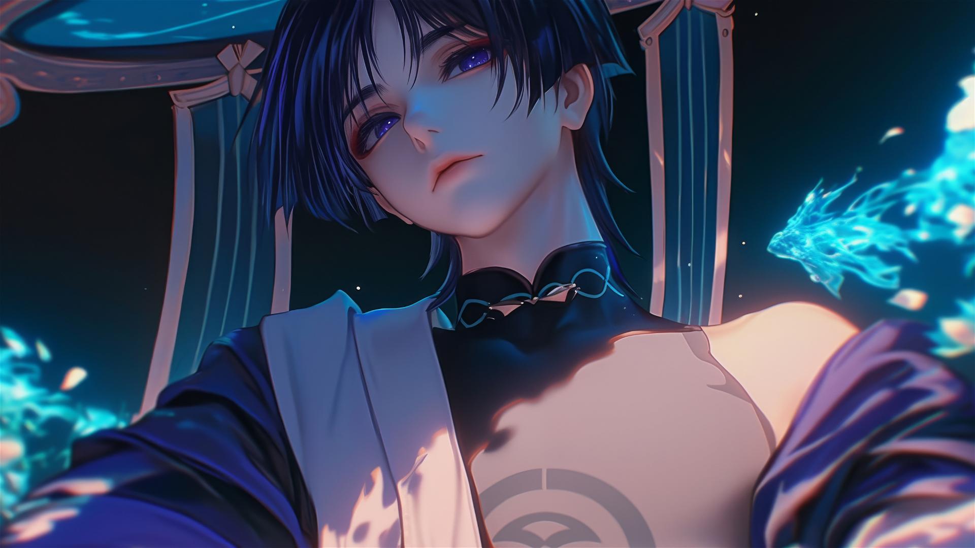 Scaramouche from Genshin Impact, slender with short indigo hair, resting in warm light