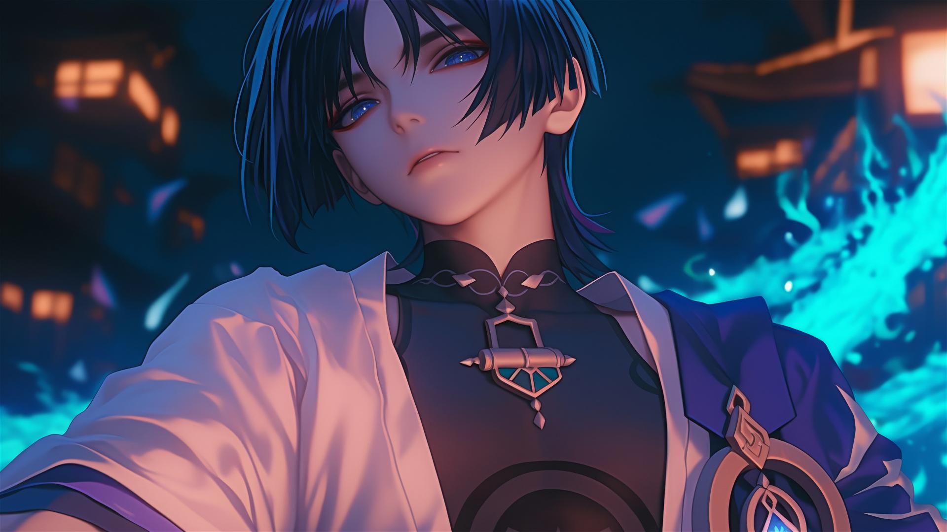 Scaramouche from Genshin Impact, slender with short indigo hair and bold eyeliner, resting.