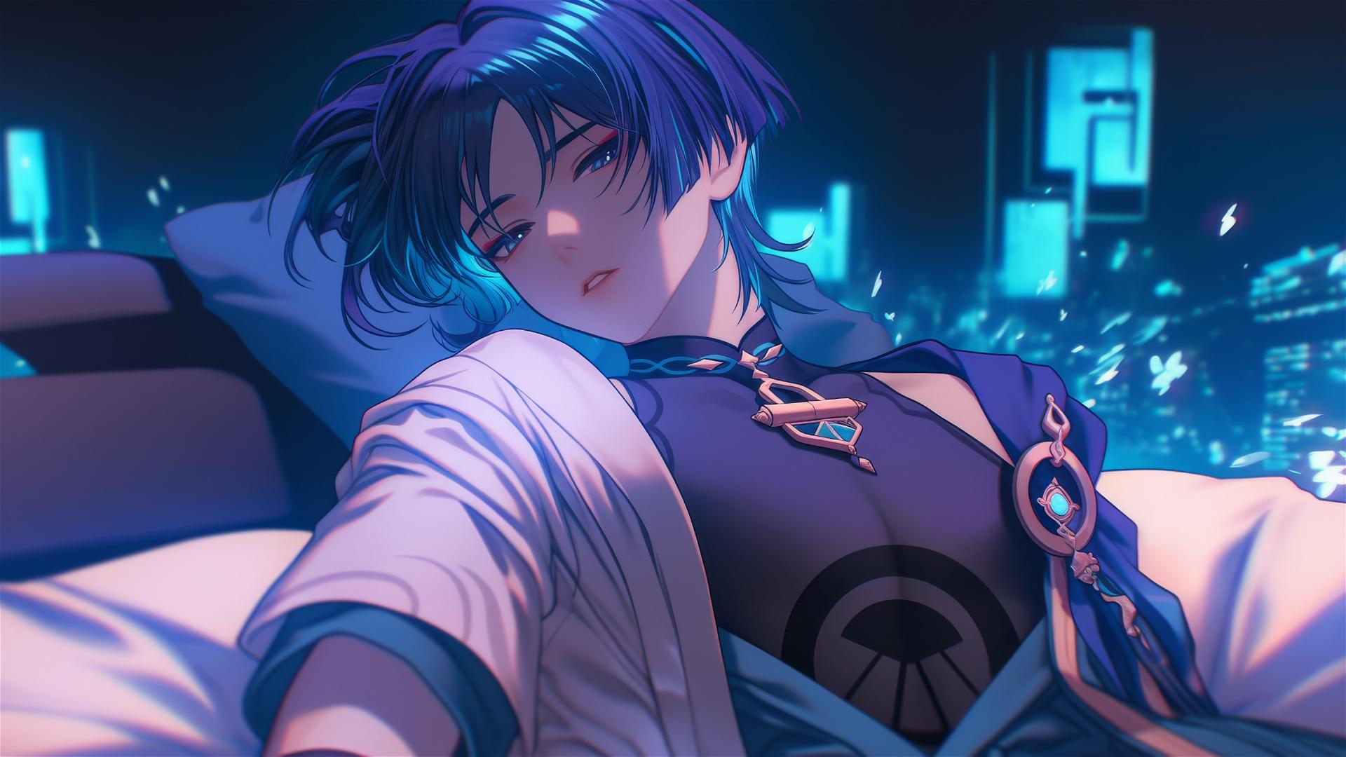 Scaramouche from Genshin Impact resting with warm light on his slender figure.