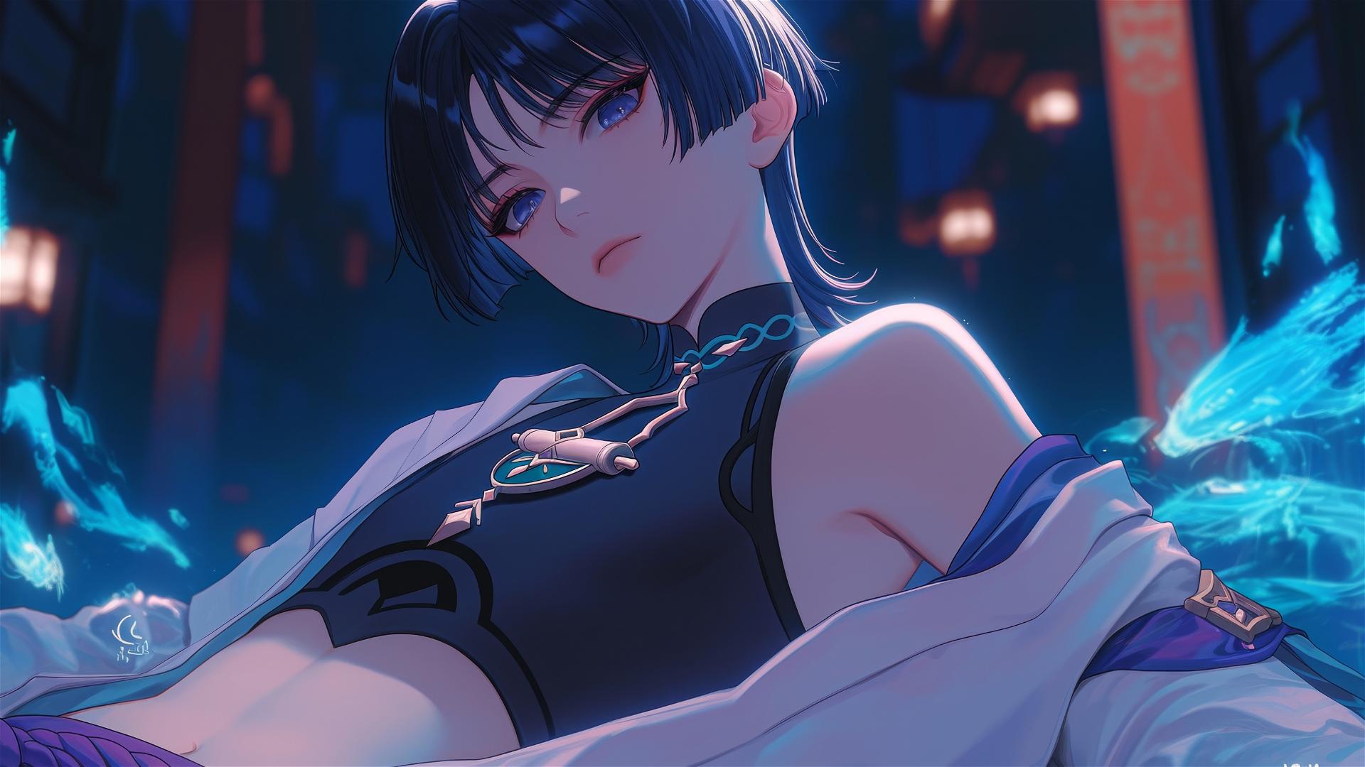 Scaramouche from Genshin Impact, slender with short indigo hair, resting in warm light.