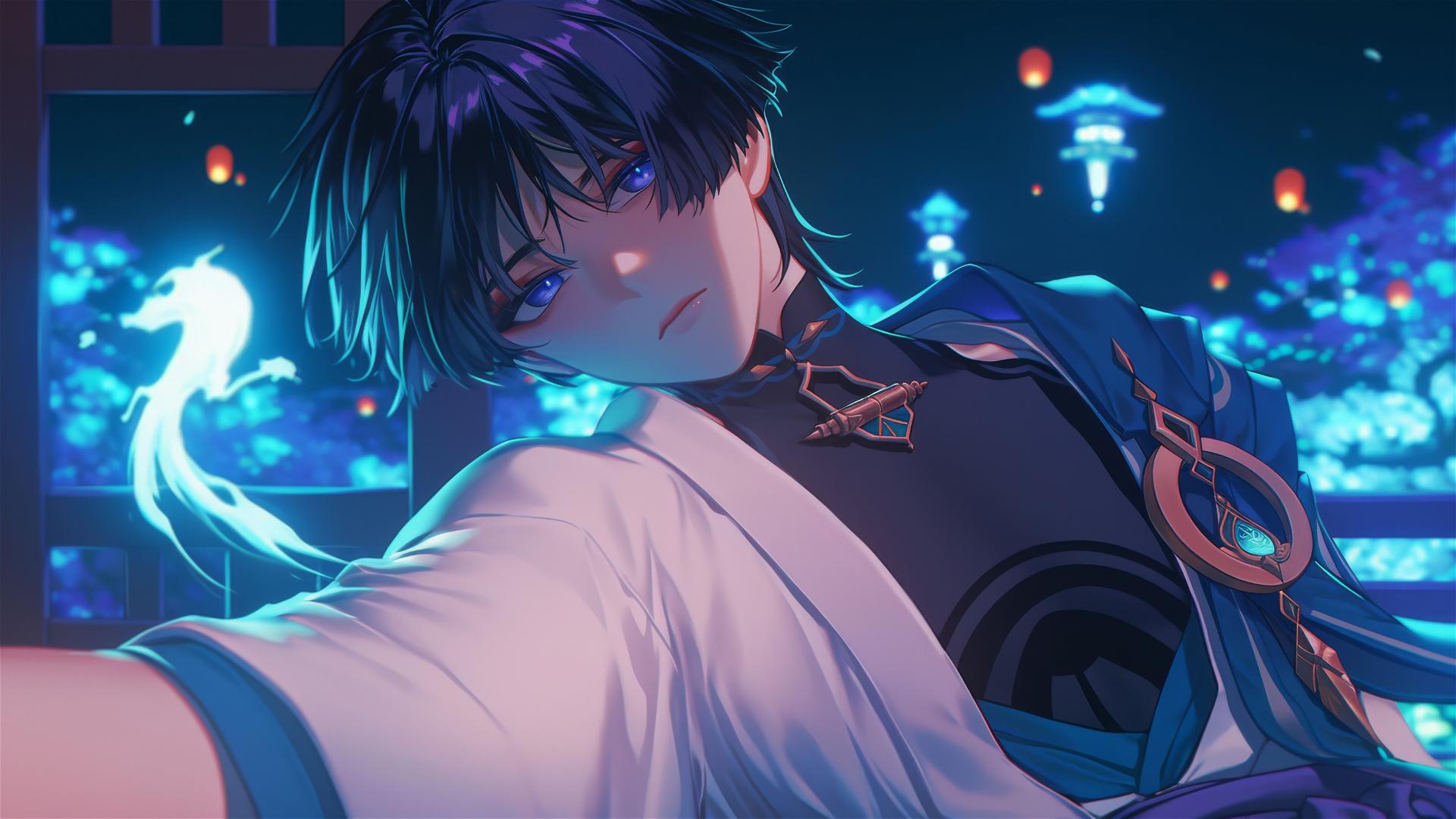 Scaramouche from Genshin Impact, slender with indigo hair and eyes, resting softly.
