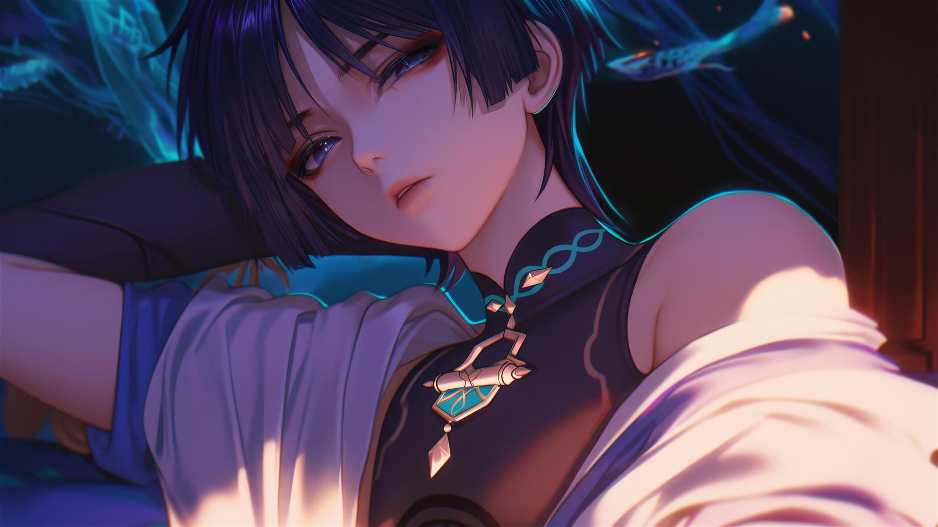 Scaramouche from Genshin Impact, slender with indigo hair and eyes, resting in warm light