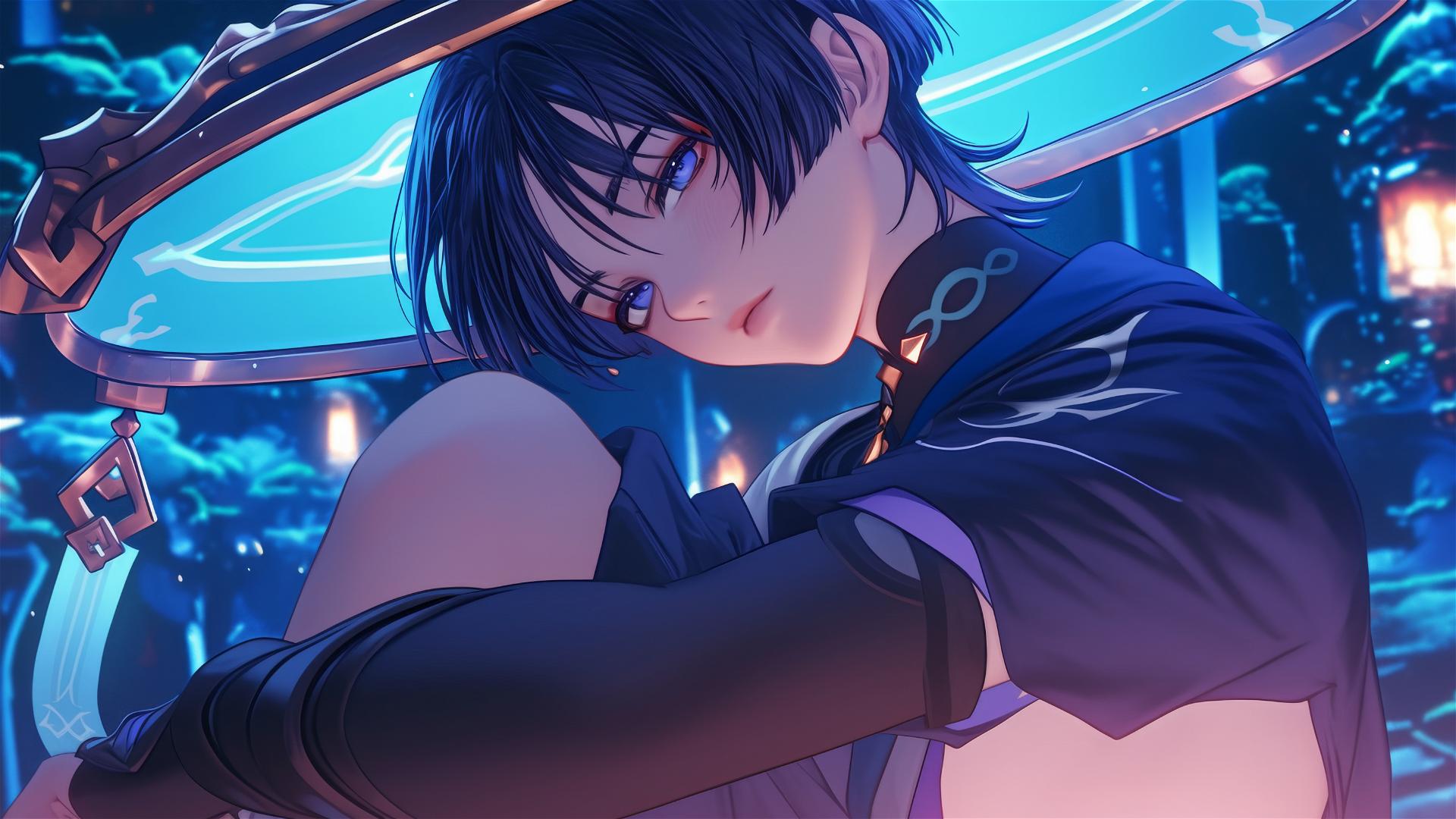 Scaramouche from Genshin Impact, slender with short indigo hair and bold eyeliner, resting in warm light.