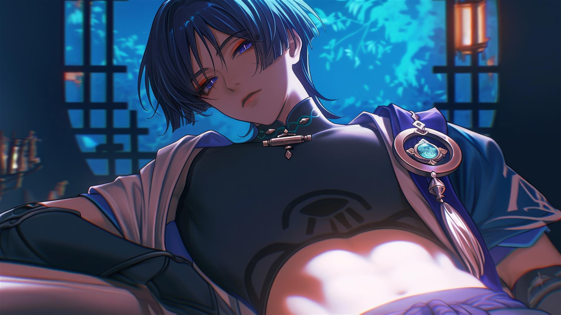 Scaramouche from Genshin Impact, slender with short indigo hair, indigo eyes, and bold eyeliner, resting in warm light