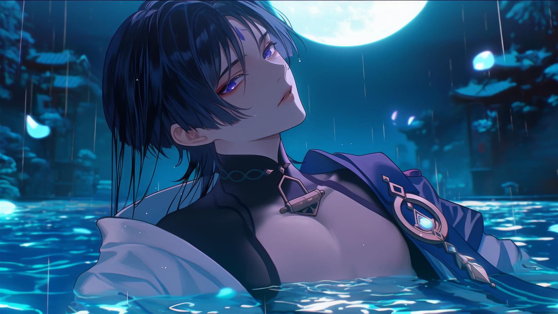 Scaramouche from Genshin Impact resting in a rainy pool under moonlight
