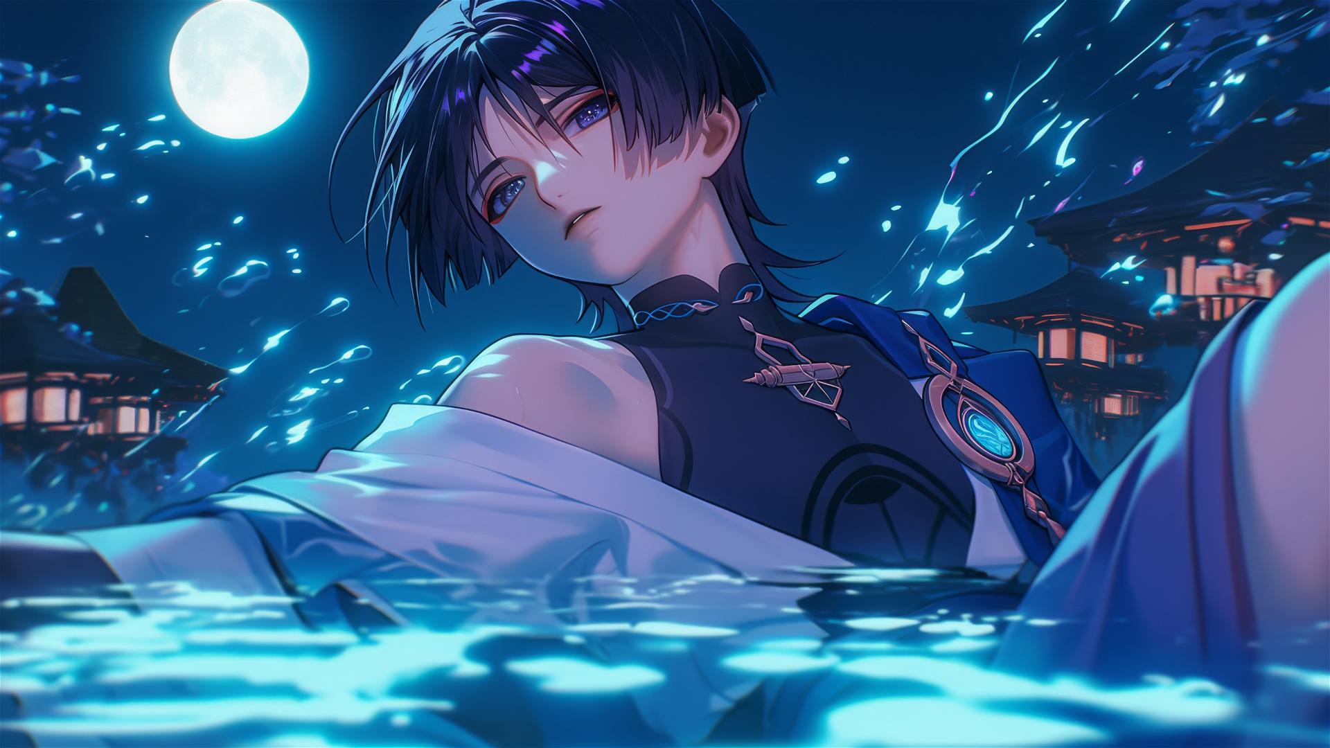 Scaramouche from Genshin Impact with indigo hair and eyes resting in a rainy swimming pool lit by moonlight.