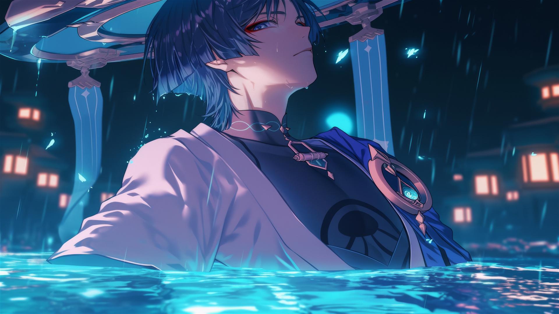 Scaramouche from Genshin Impact resting in a rainy swimming pool under moonlight