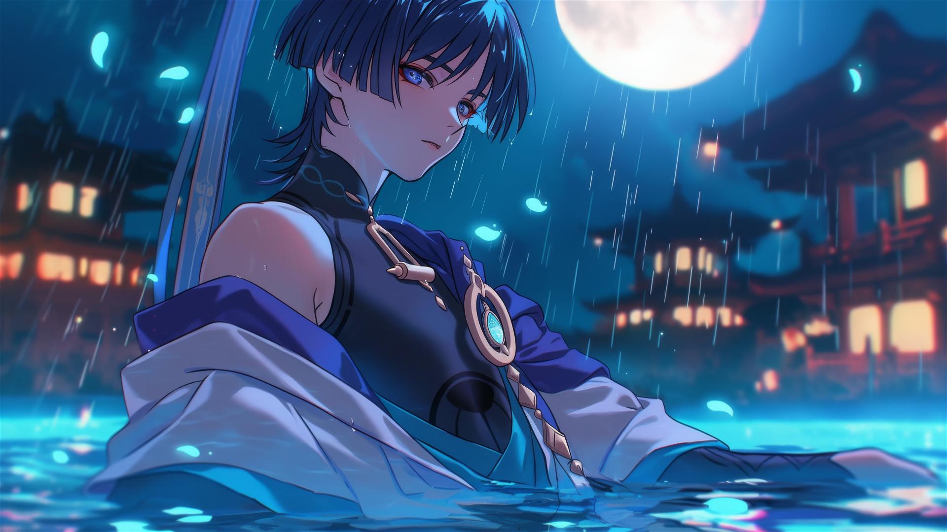 Scaramouche from Genshin Impact leisurely resting in a rainy swimming pool under moonlight.