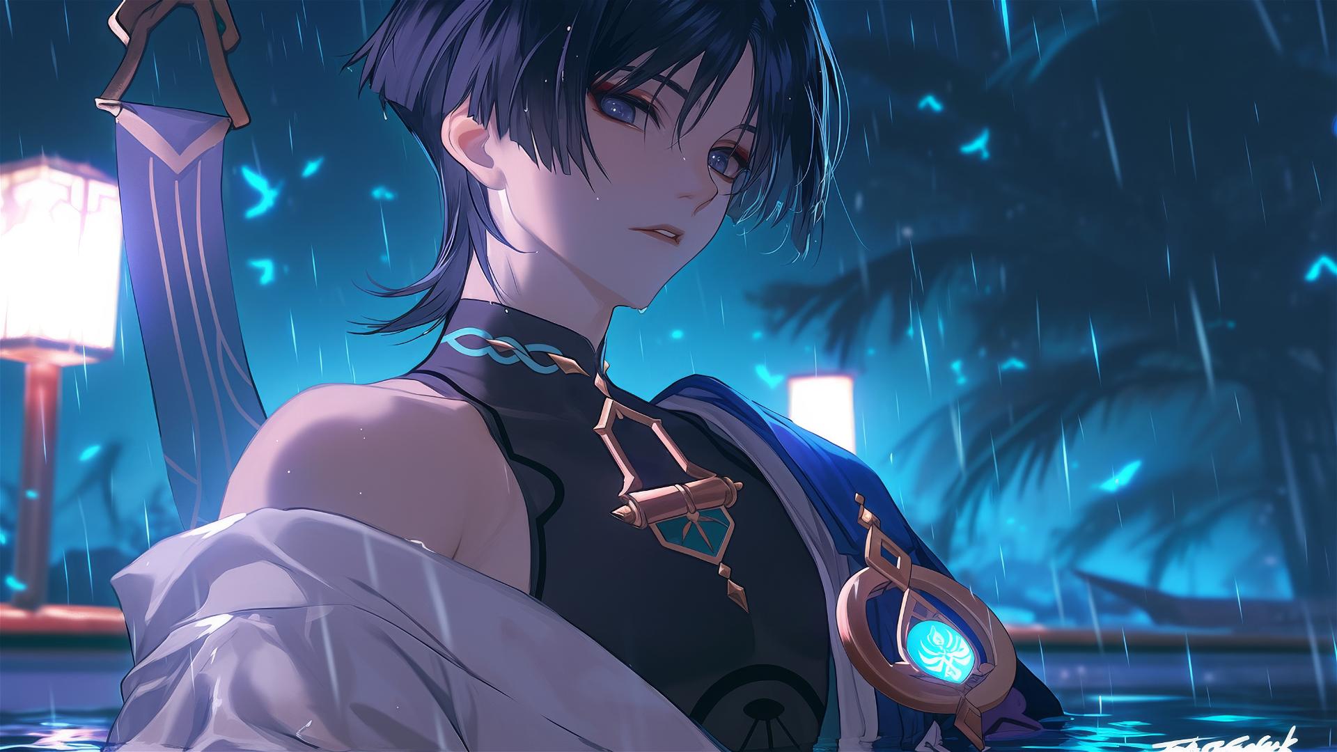 Scaramouche from Genshin Impact with indigo hair and eyes, resting in a rainy pool under moonlight.
