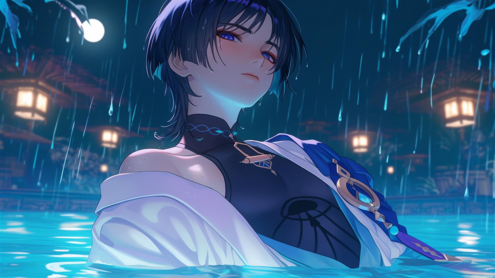 Scaramouche from Genshin Impact resting in a rainy swimming pool