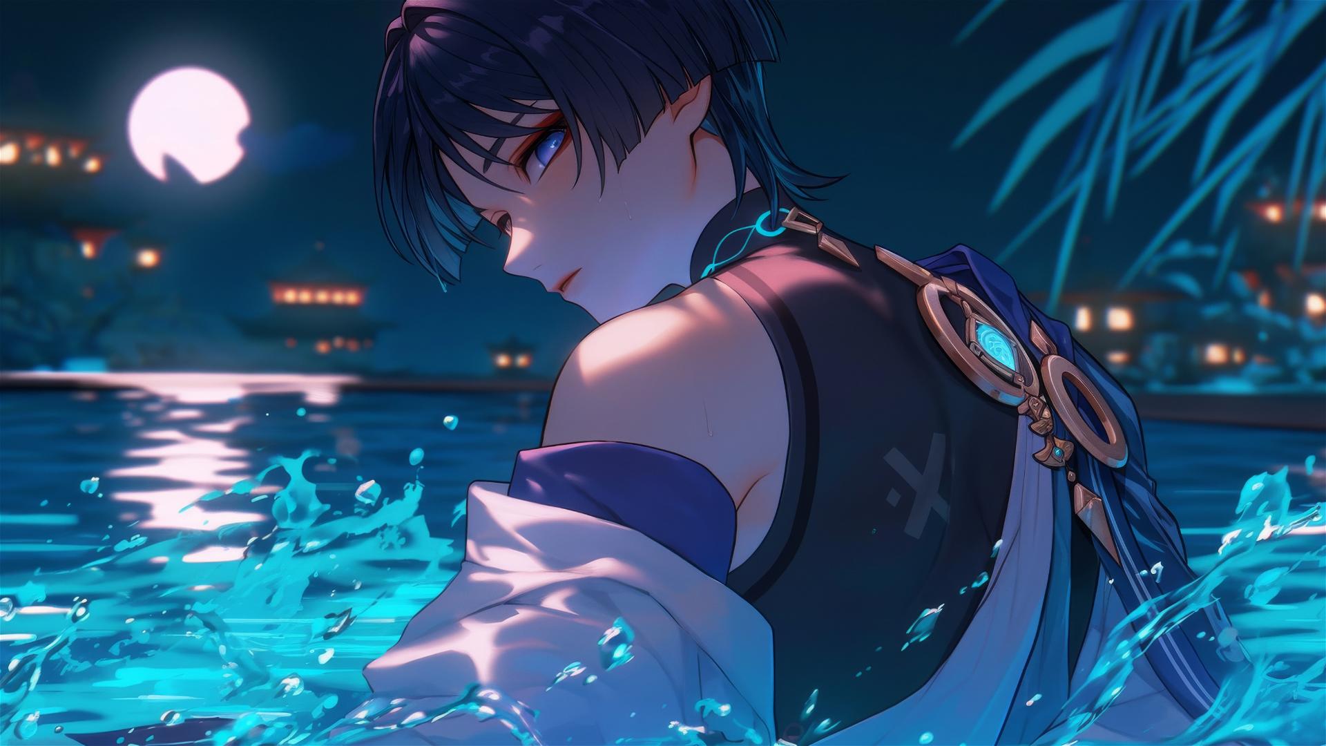 Scaramouche from Genshin Impact, slender with short indigo hair and bold eyeliner, resting in a rainy pool under moonlight.