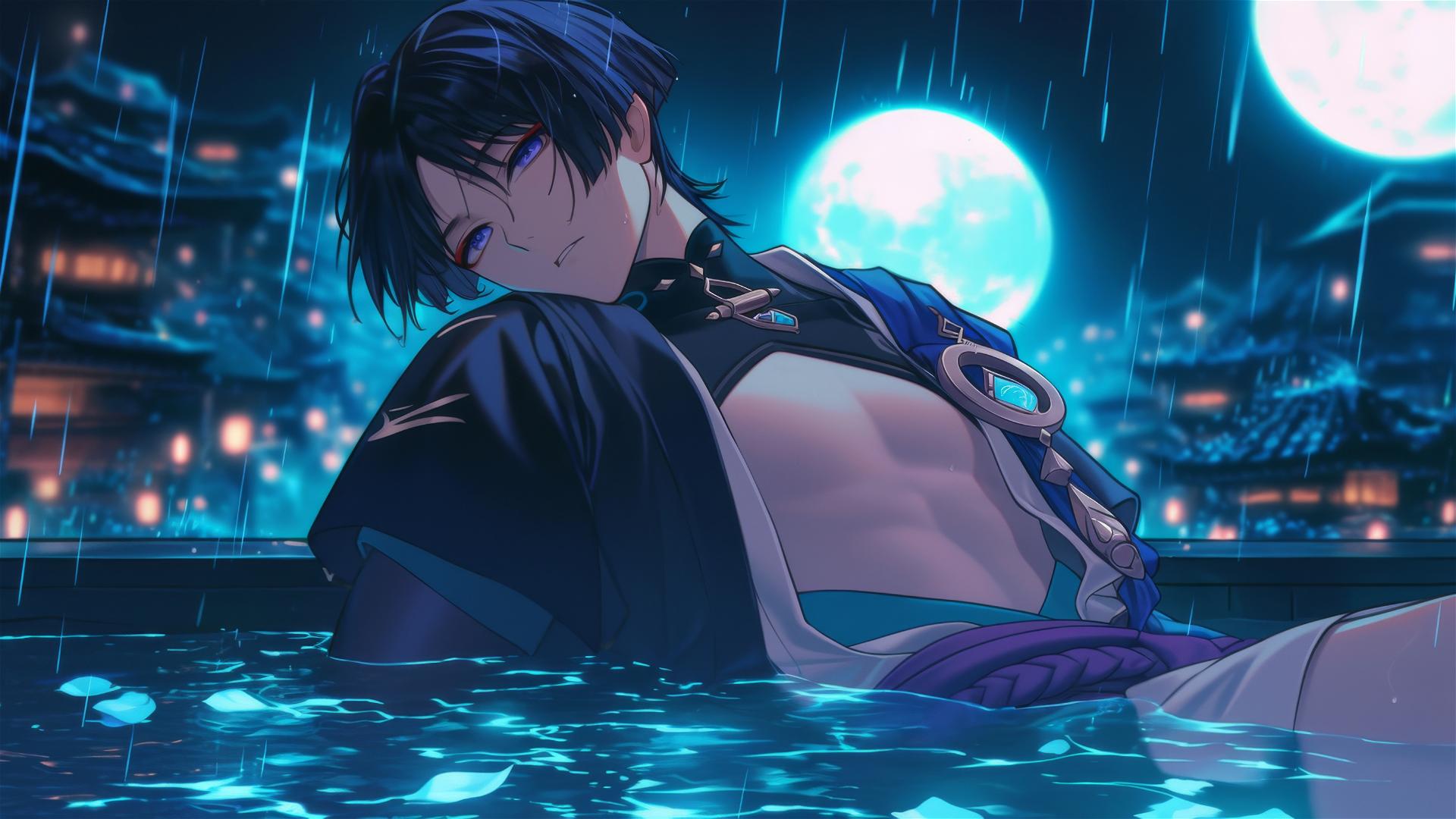Scaramouche from Genshin Impact resting in a rainy pool, moonlight glow