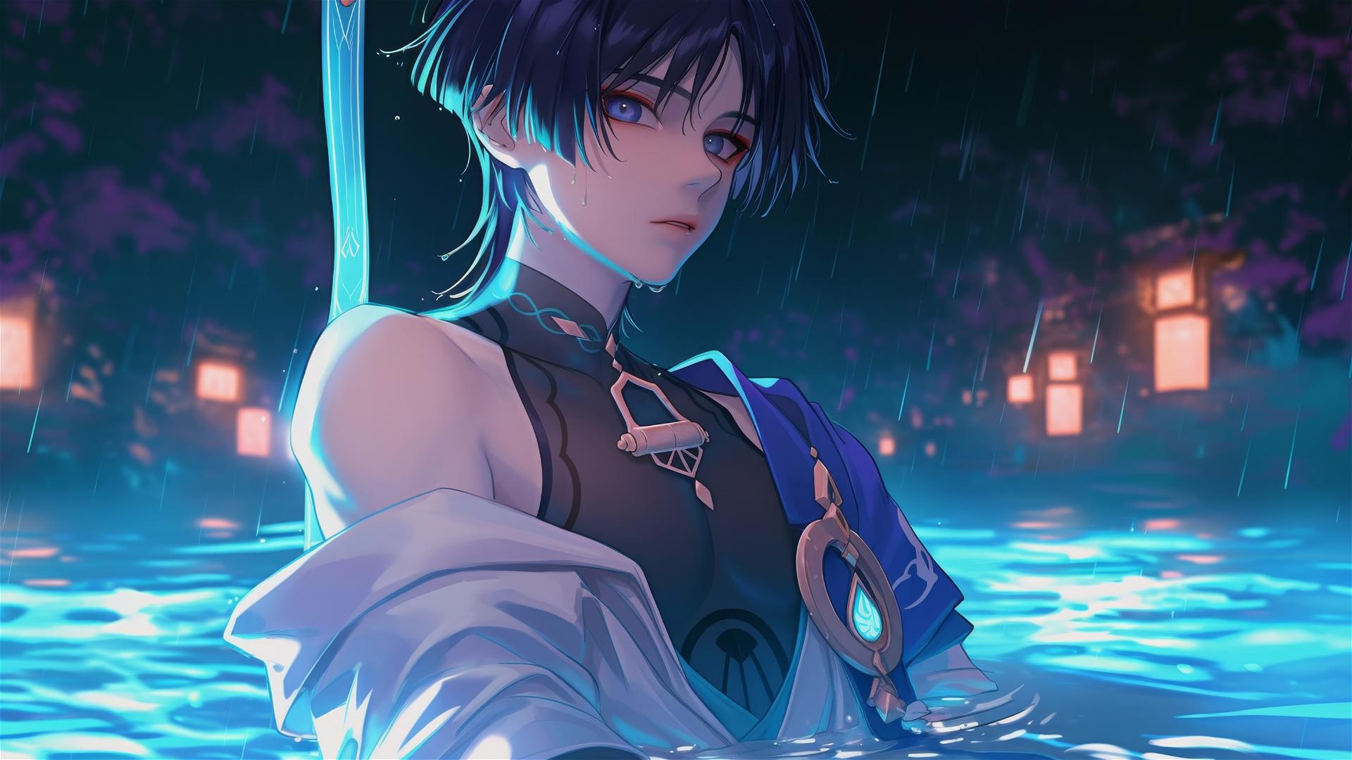 Scaramouche from Genshin Impact resting in moonlit rainy pool