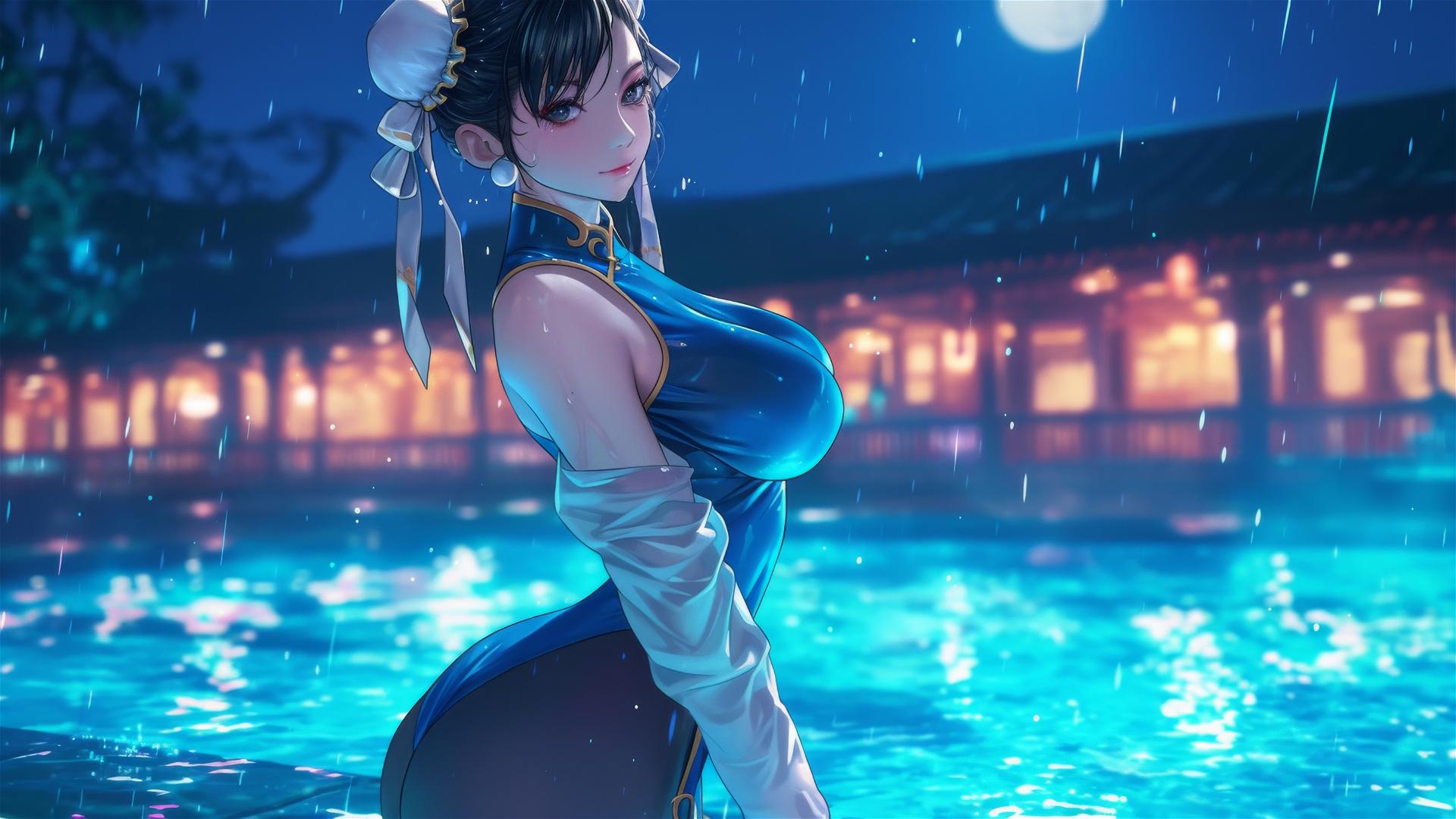 Chun Li standing in rainy swimming pool under moonlight
