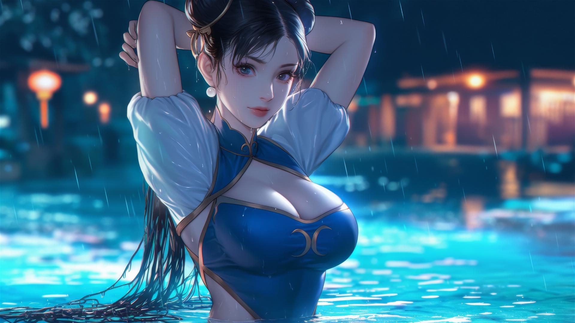 Chun Li in a rainy swimming pool illuminated by moonlight