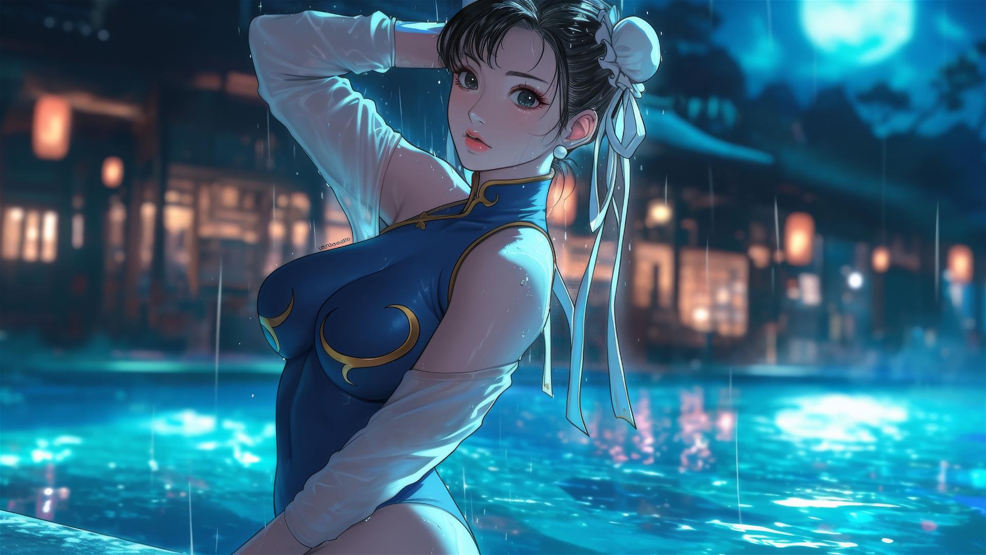 Chun Li standing in a rainy swimming pool under moonlight