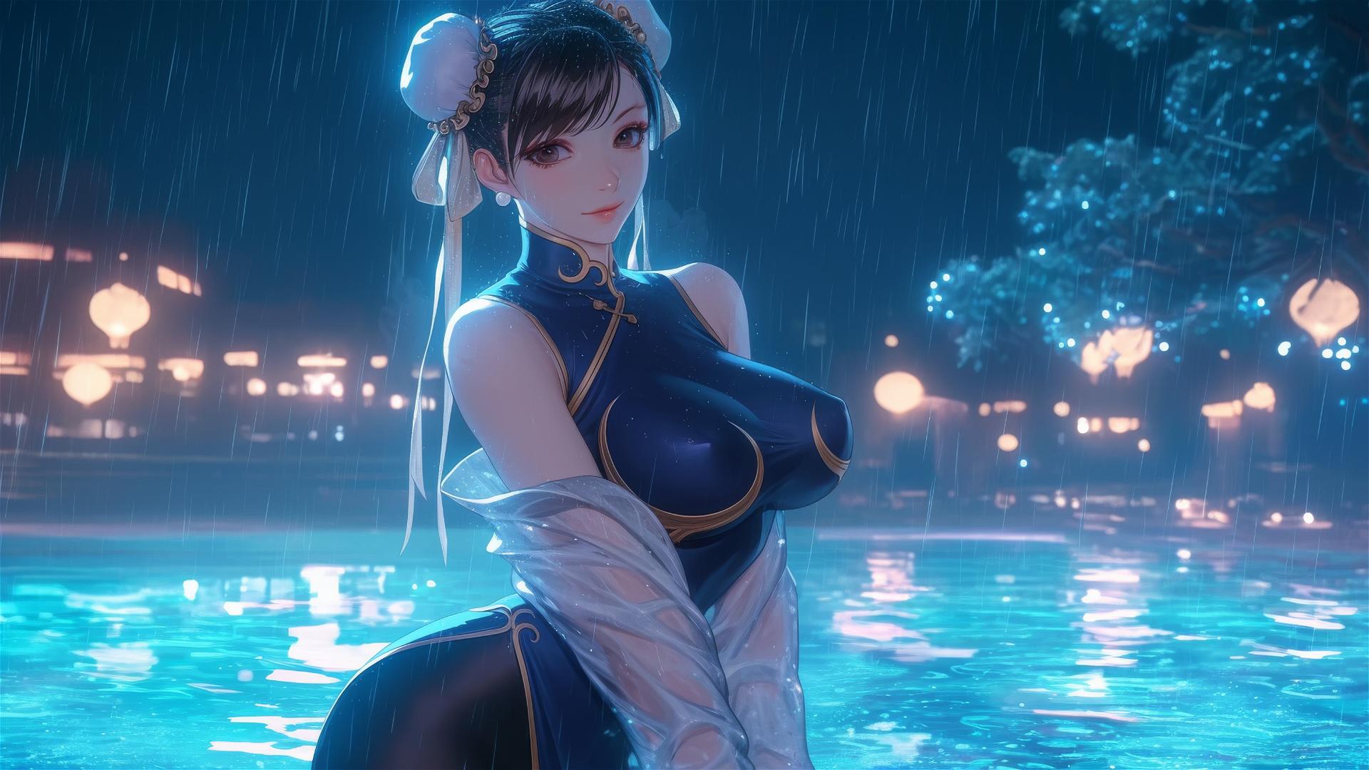 Chun Li standing in a rainy swimming pool under moonlight
