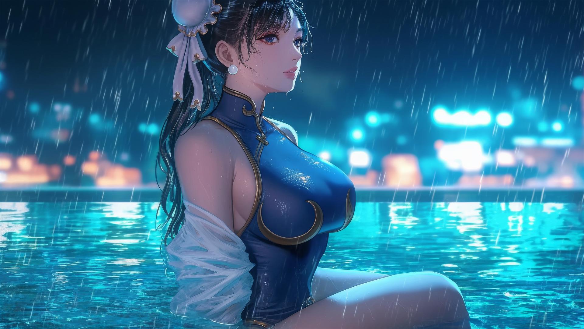 Chun Li stands in a rainy swimming pool under moonlight
