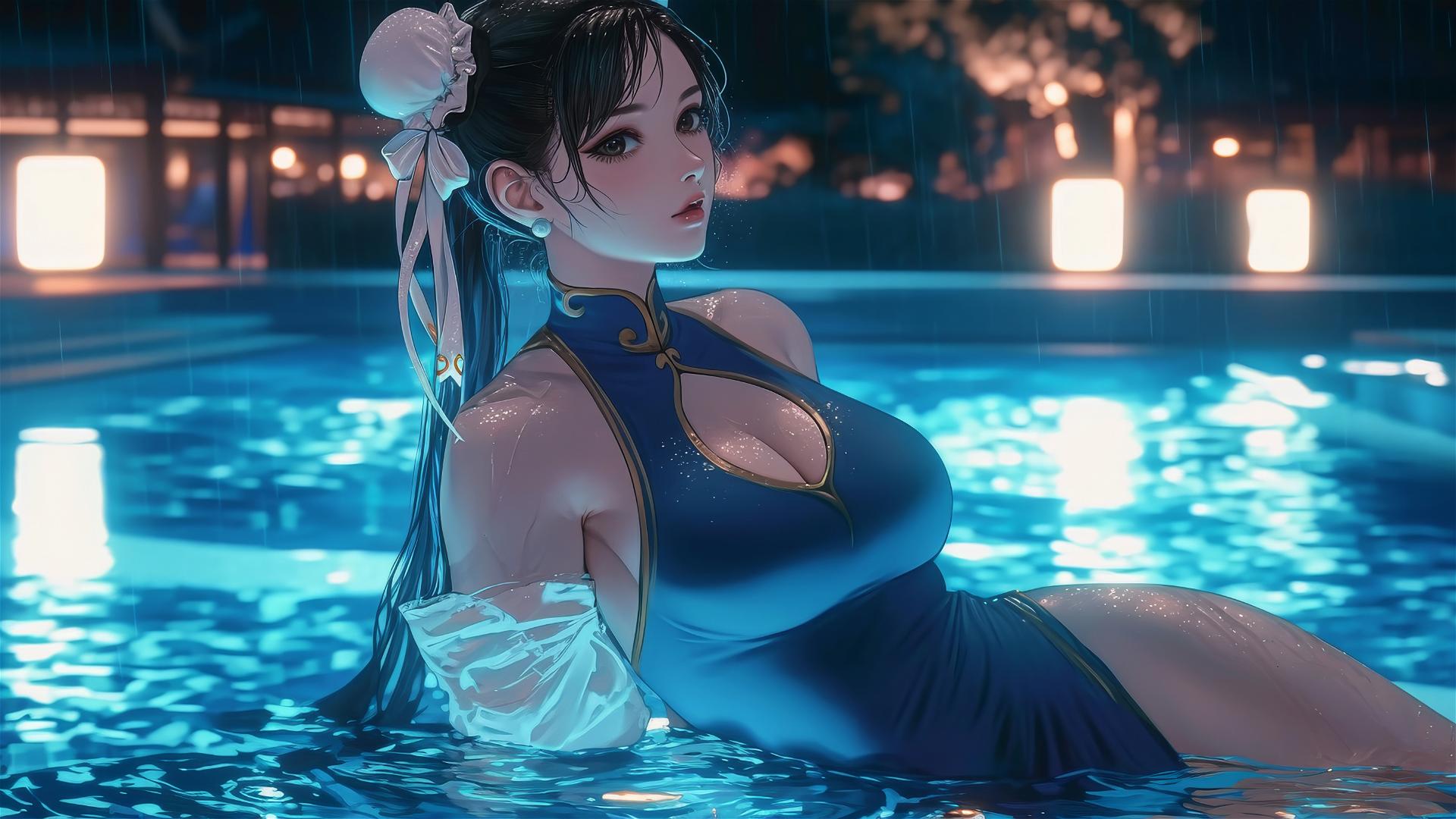 Chun Li resting at rainy swimming pool under moonlight