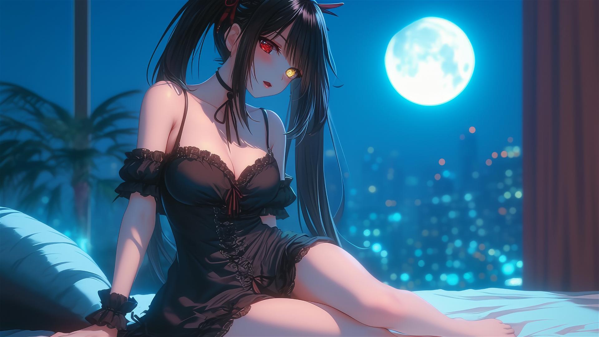 Kurumi Tokisaki in modern hotel room under moonlight