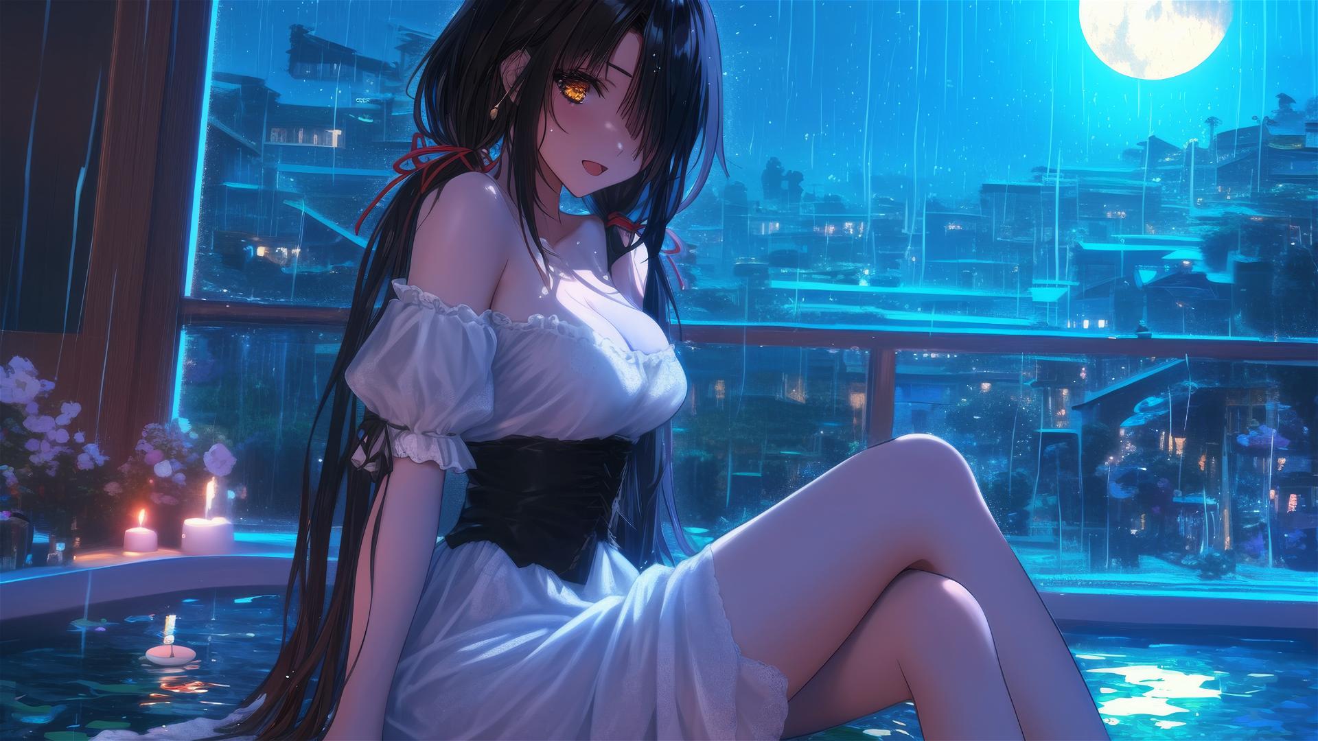 Kurumi Tokisaki sitting in a tub under moonlight with heterochromatic eyes.