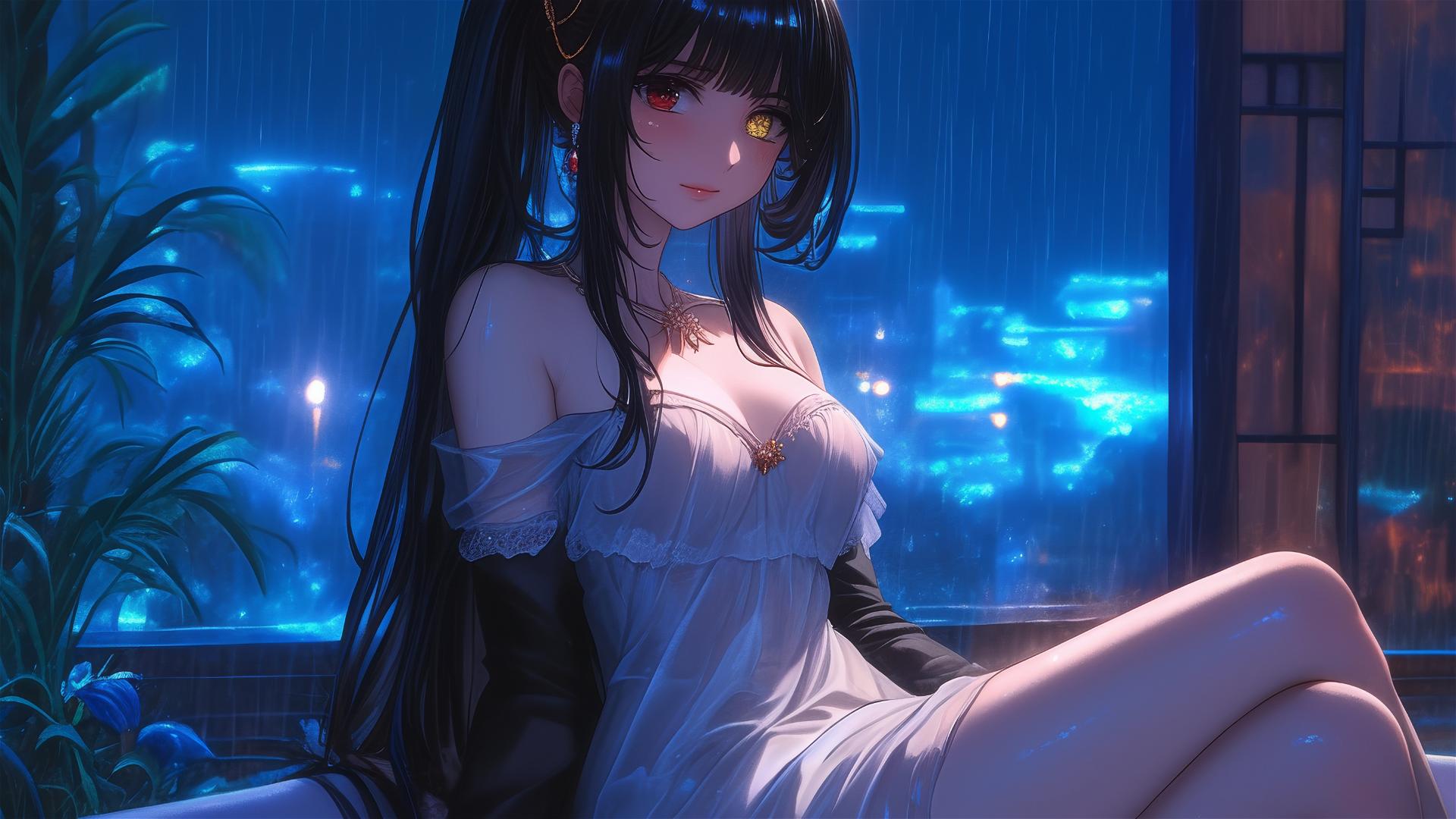 Kurumi Tokisaki from Date A Live sitting in a tub, moonlight glow, rain outside