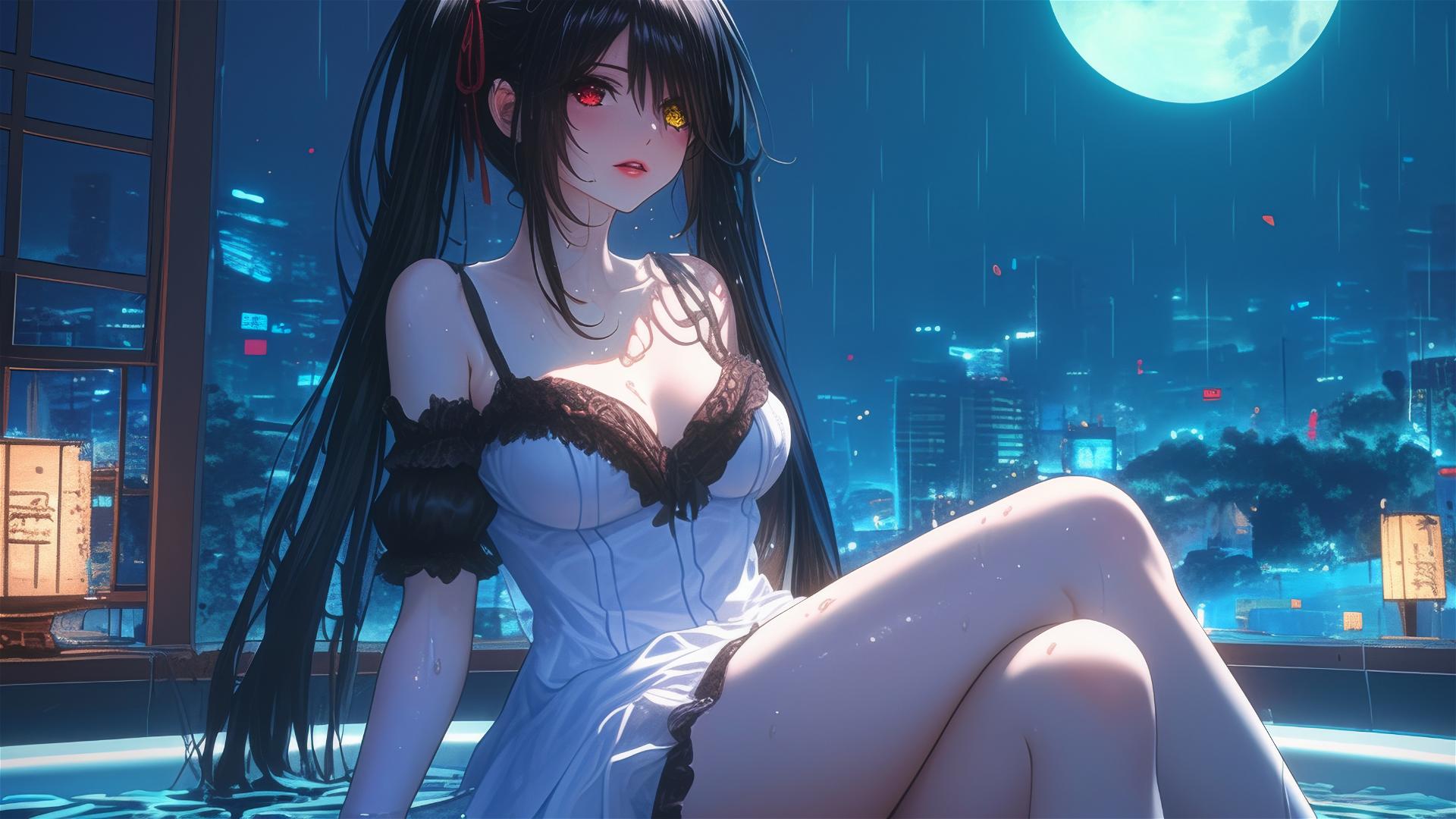 Kurumi Tokisaki from Date A Live sitting in a tub, illuminated by moonlight.